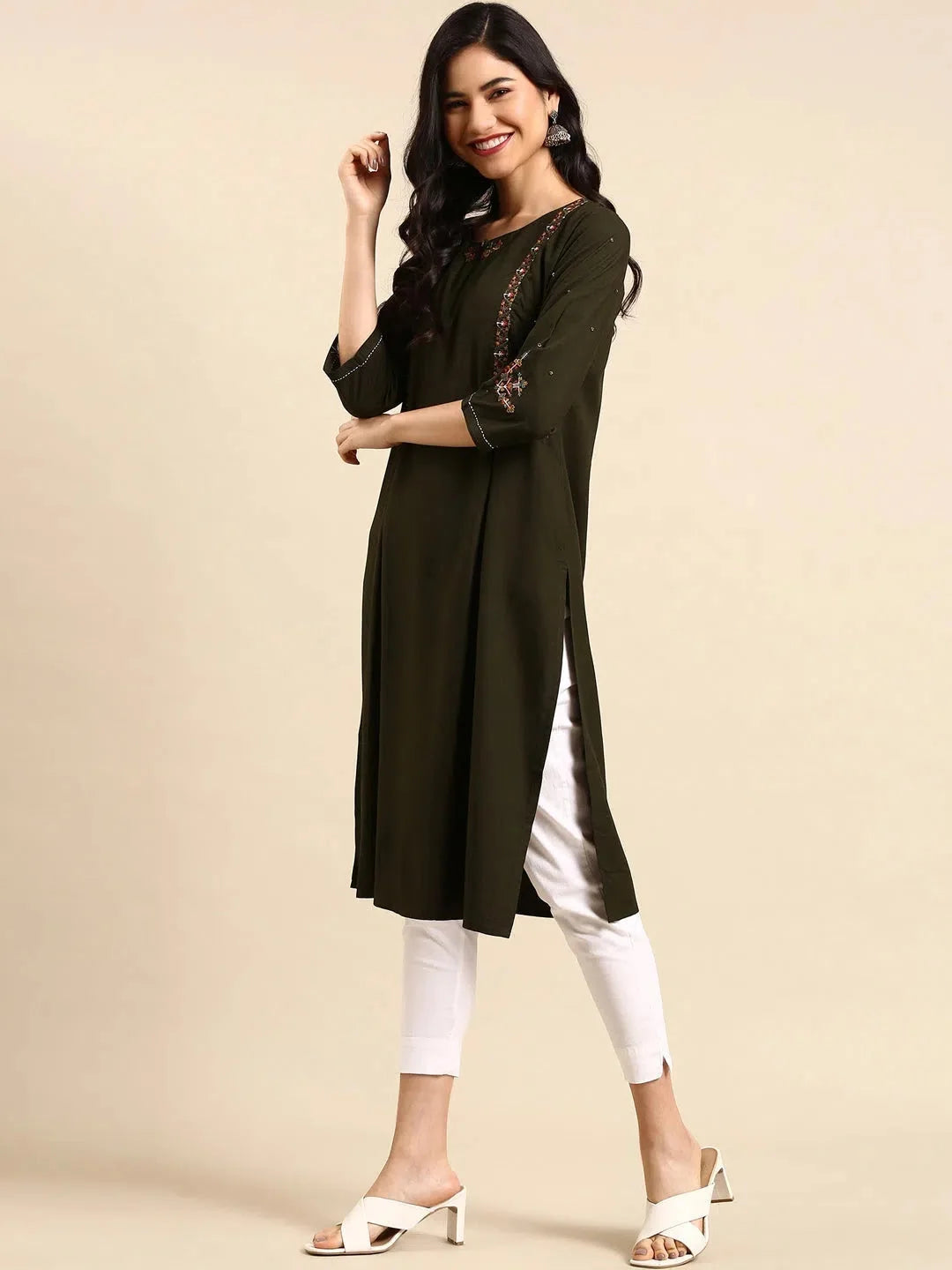 Olive Embroidered Cotton Indian Kurta for Women - DesiQlo