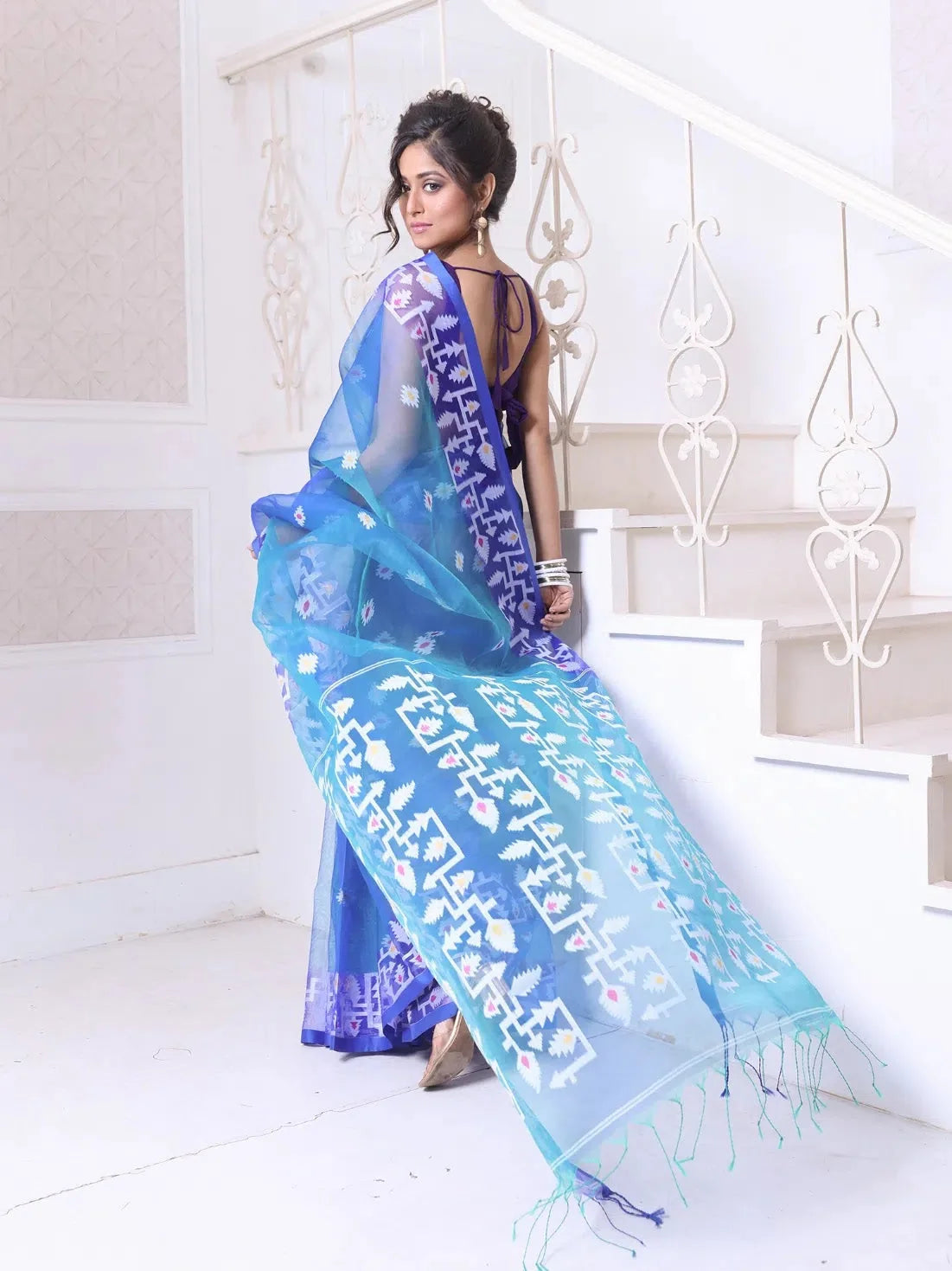 Sky Blue Linen Saree with Jamdani - Indian Sarees