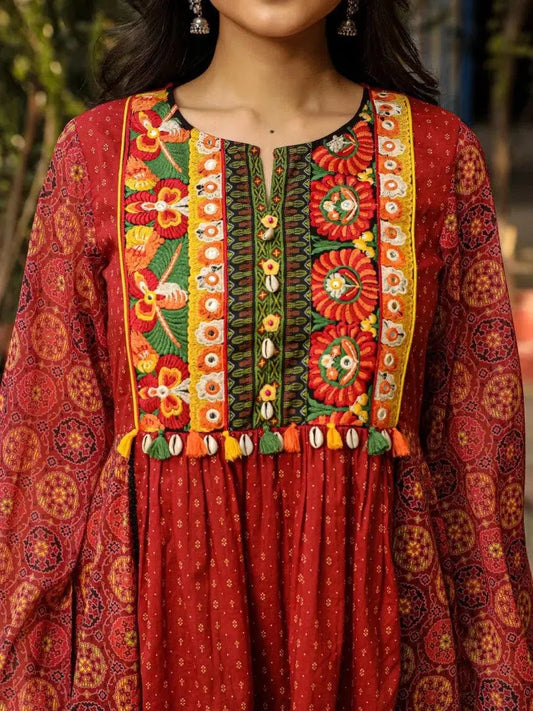 Rust Ethnic Motif Printed Cotton & Chiffon Peplum Tunic With Thread Embroidery & Tassels 810