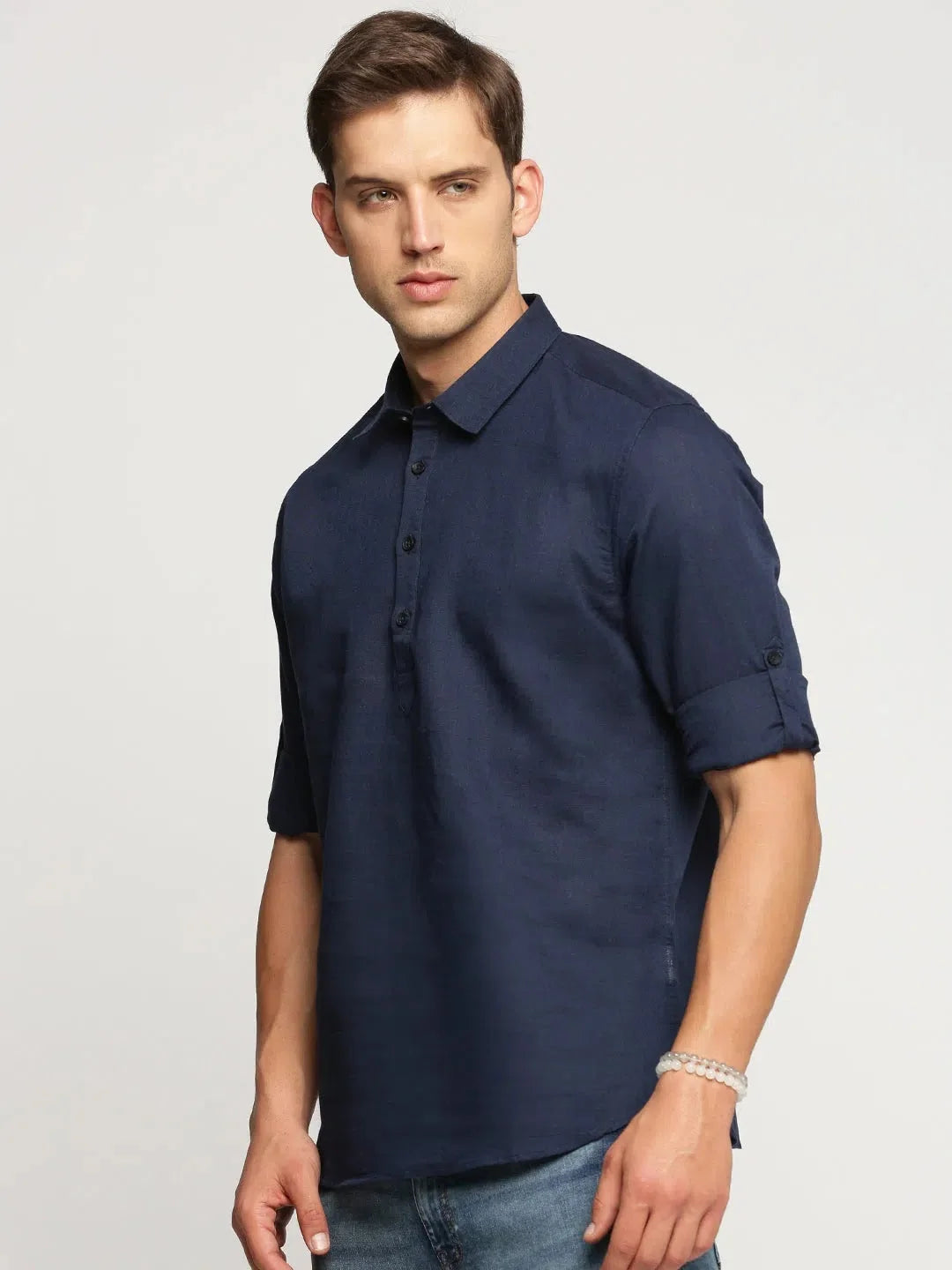 Navy Blue Short Kurta - Casual Linen Mens Kurta Pajama
