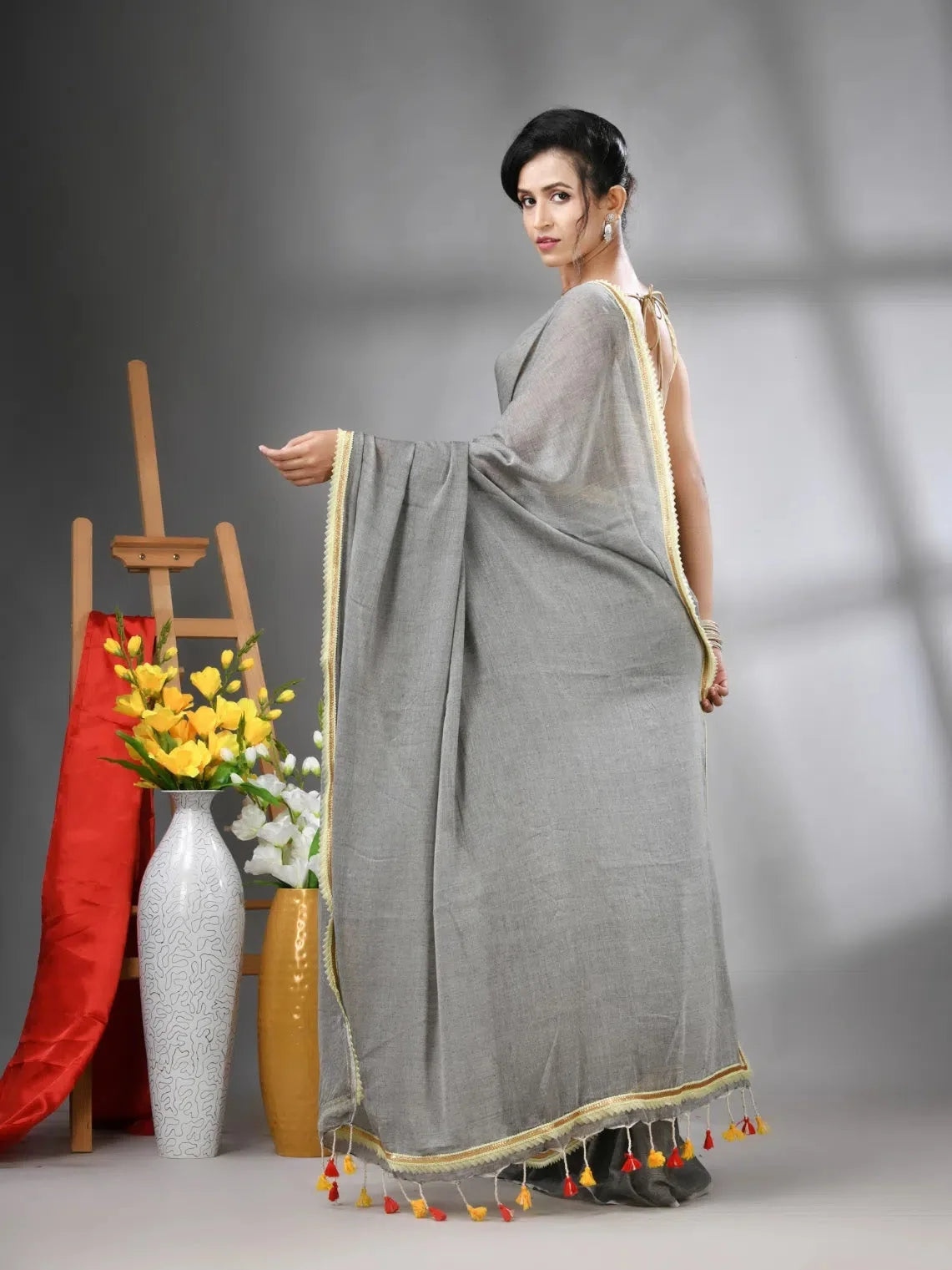 Grey Cotton Saree with Gota Patti - Designer Sarees India