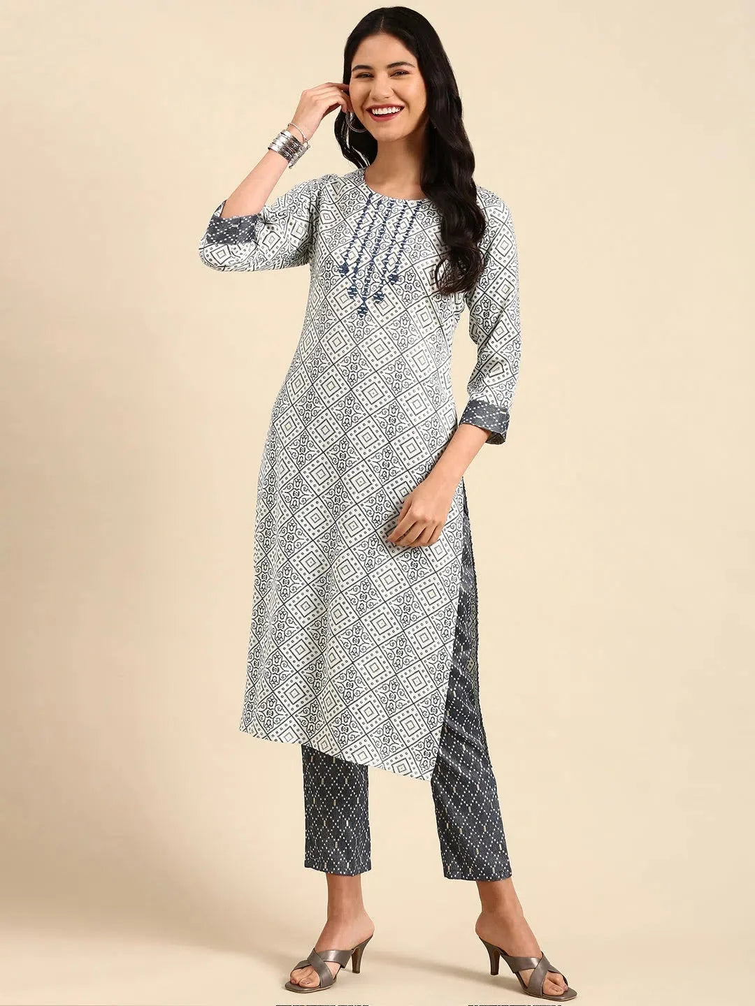 Off White Ethnic Print Cotton Indian Kurta Sets | Showoff
