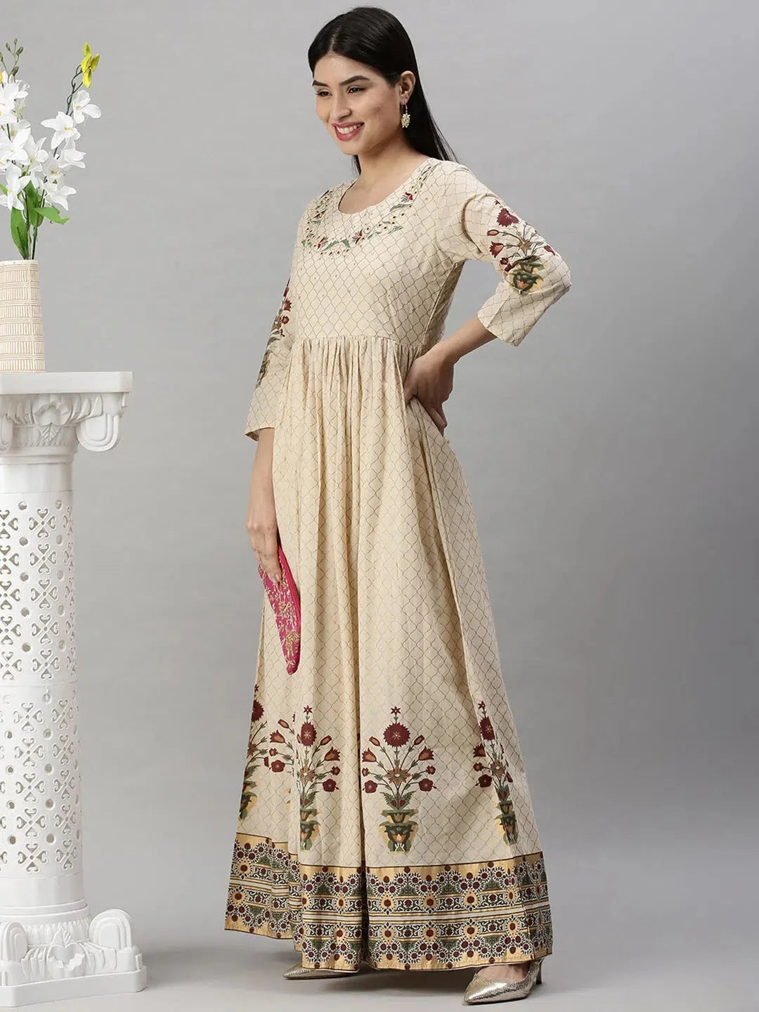 Beige Floral Anarkali Kurta | Stylish Anarkali Kurtis for Women
