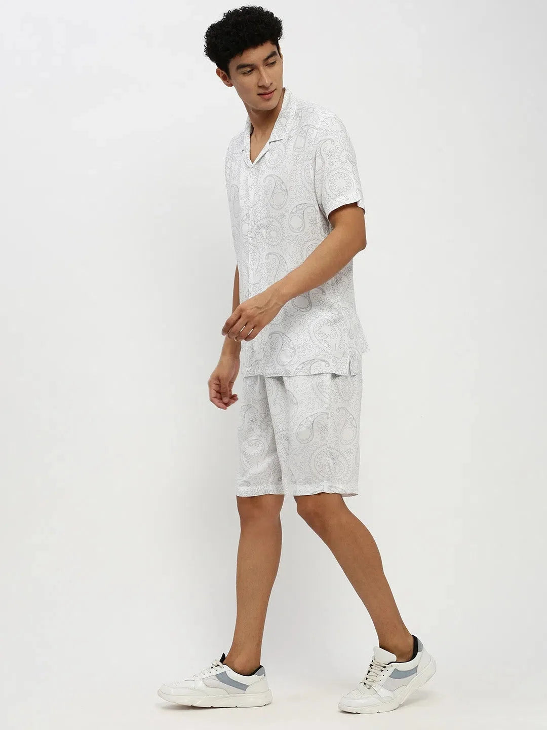 White Printed Mens Co ord Sets | Cotton Two Piece Sets