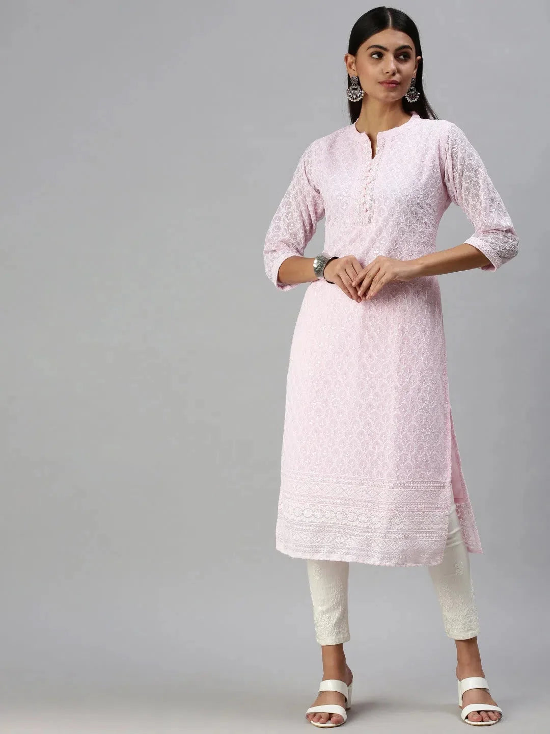 Pink Embroidered Nylon Kurta- Stylish Indian Kurta for Women