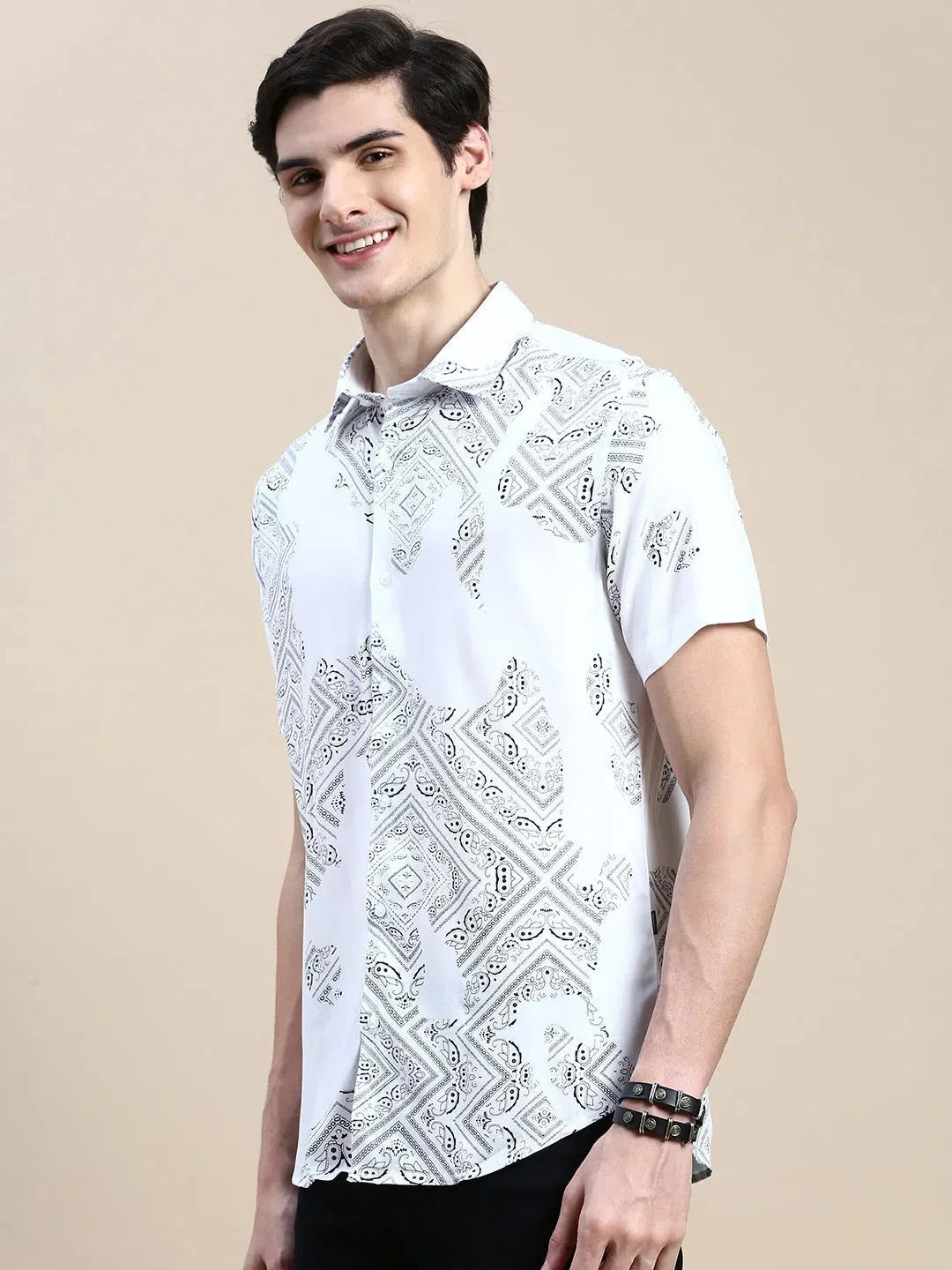 White Printed Mens Shirt - Ethnic Motifs Cotton Shirt | DesiQlo