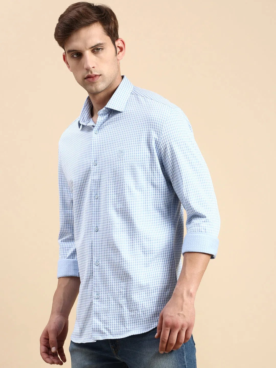 Men's Blue Checked Shirt | Casual Printed Cotton Shirt-DesiQlo