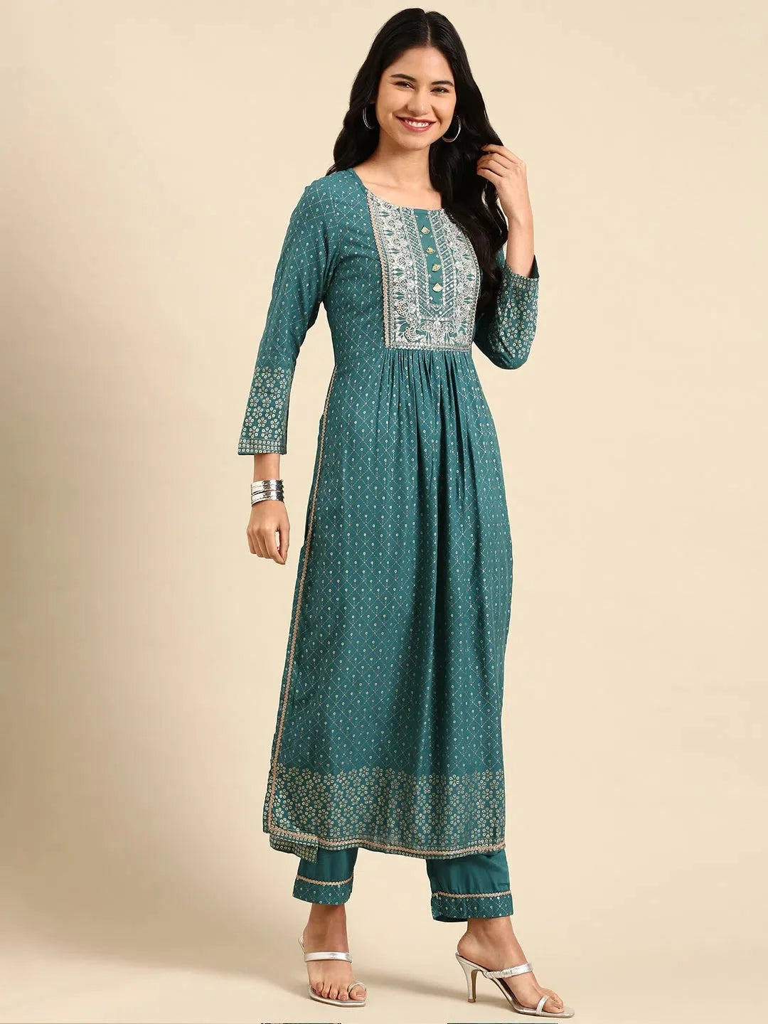 Teal Geometric Cotton Kurta Set | Women's Indian Kurta Sets