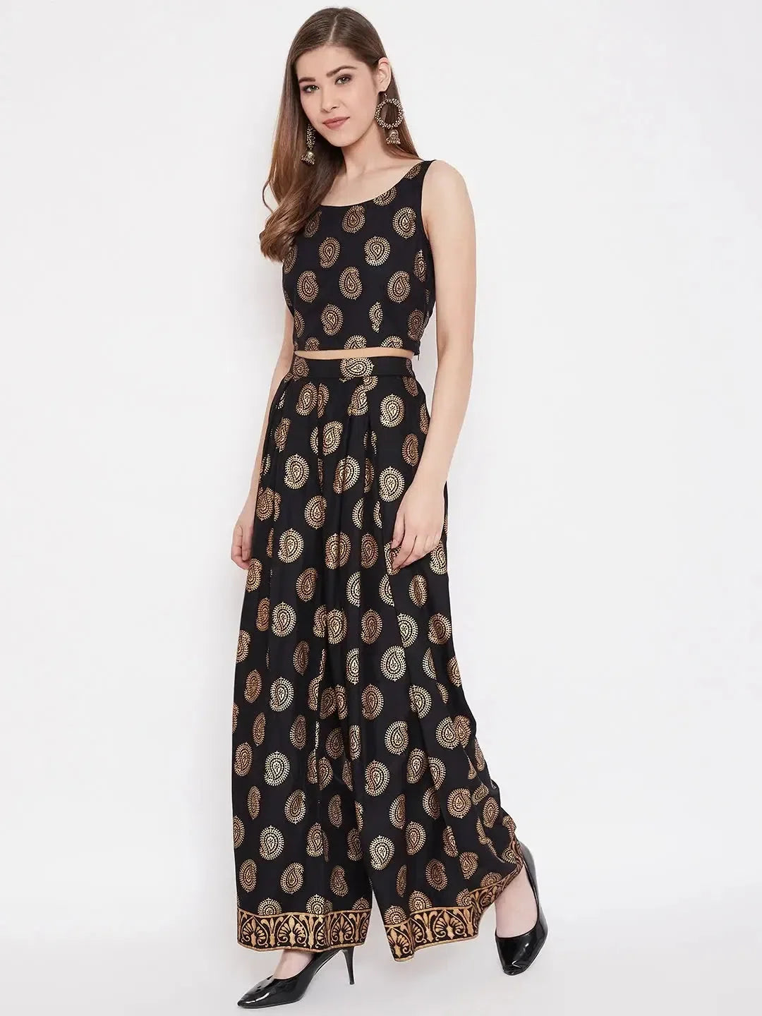 Black Crop Top & Palazzo Pants Set - Women's Rayon Comfort