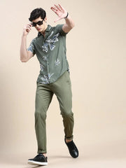 Men Green Floral Casual Shirt-GEORGE-1599-Olive