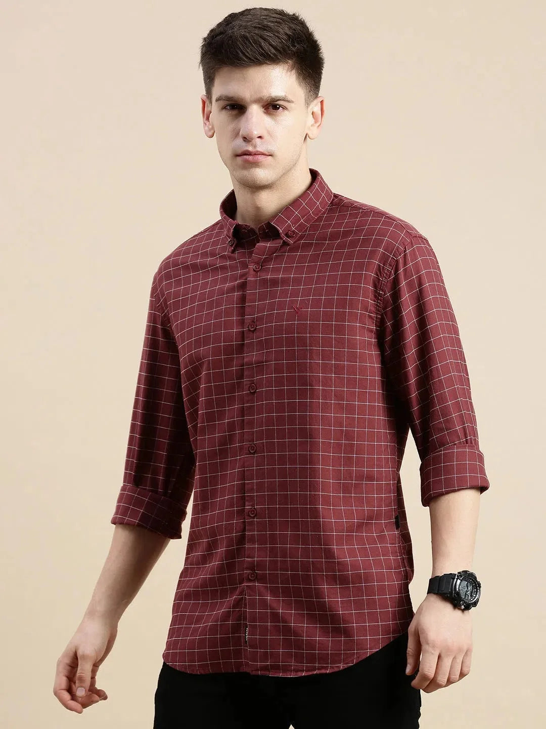 Maroon Checked Mens Shirt | Cotton Casual Shirt