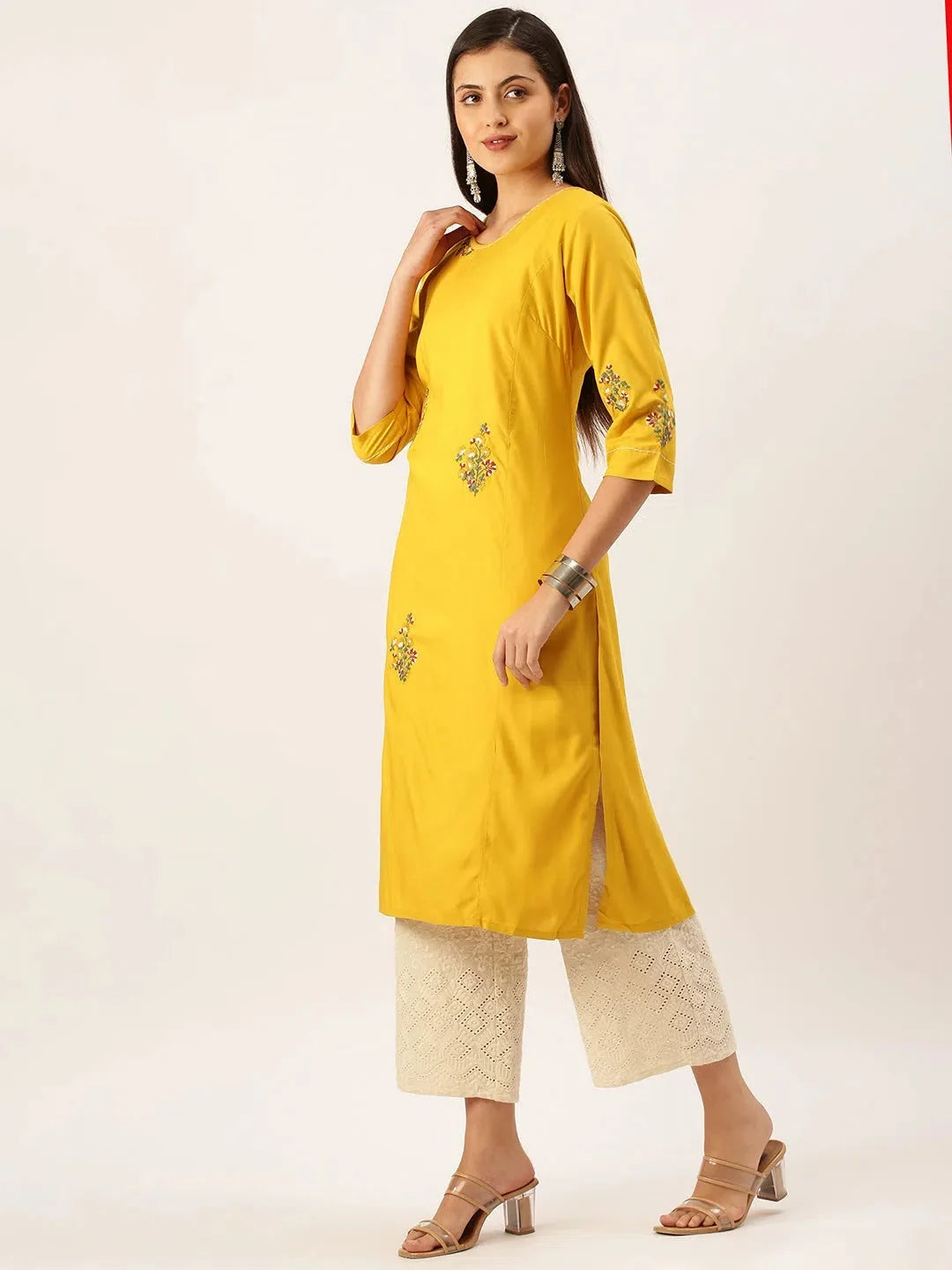 Mustard Embroidered Straight Cotton Indian Kurta for Ladies
