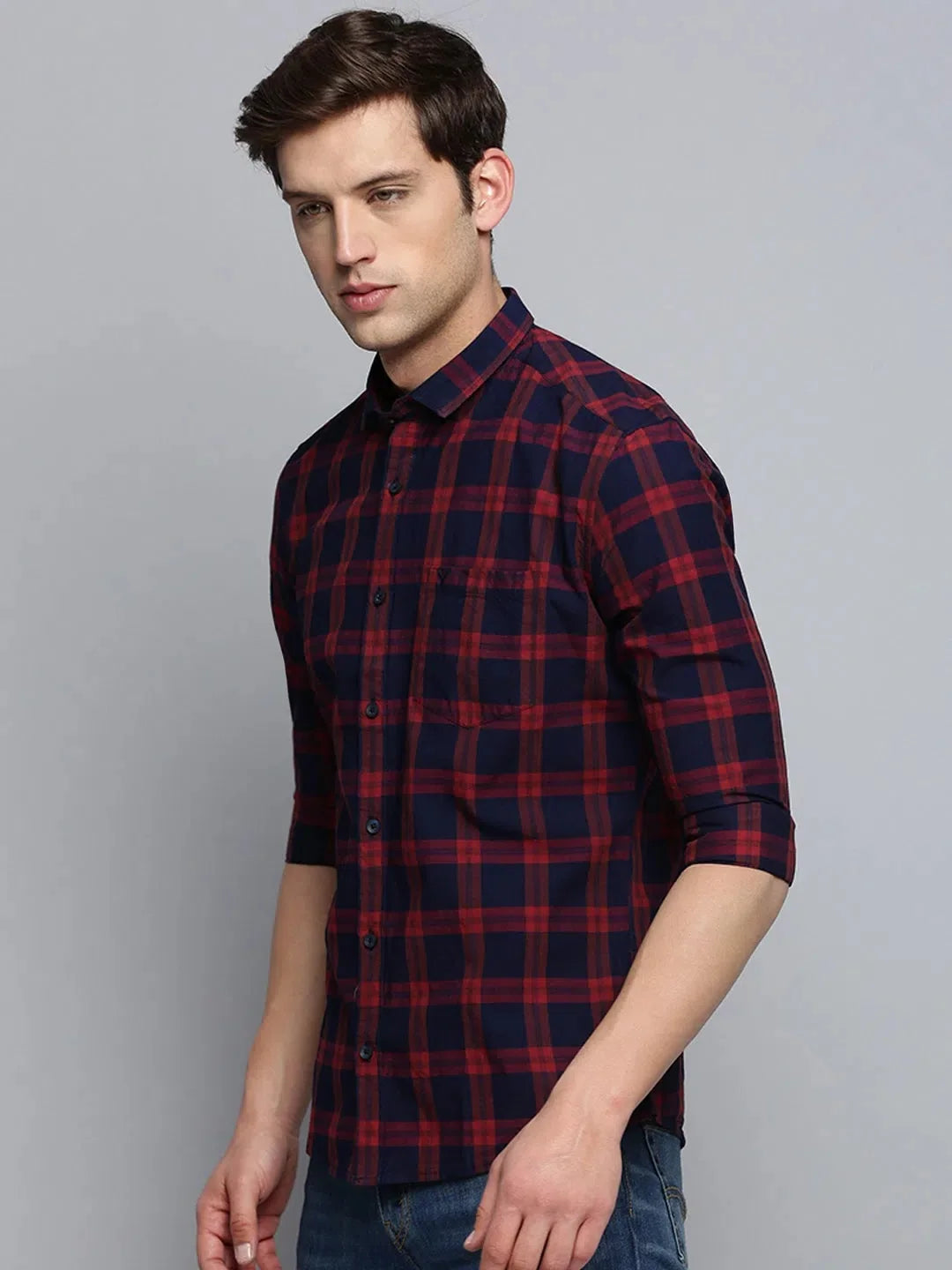 Shop Navy Checked Mens Shirt - DesiQlo Cotton Casual Shirt