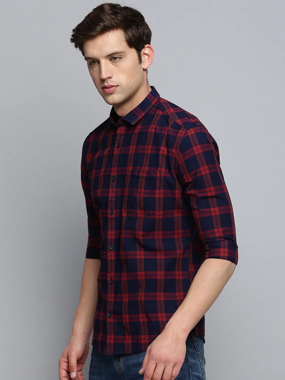 Shop Navy Checked Mens Shirt - DesiQlo Cotton Casual Shirt