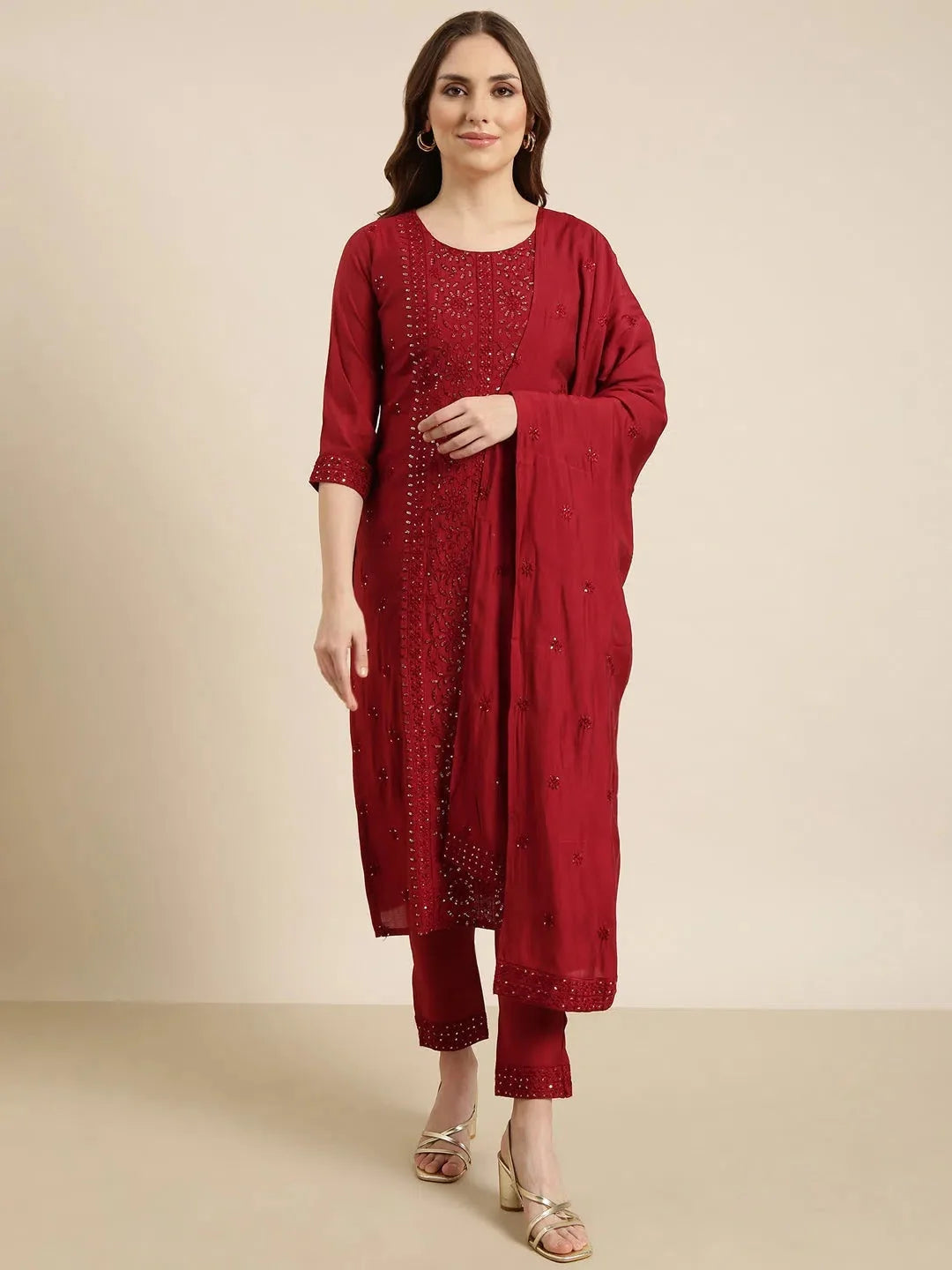 Maroon Floral Kurta Set with Dupatta | Designer Kurta Sets
