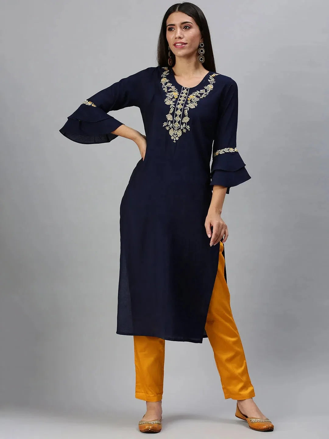 Navy & Yellow Solid Women's Kurta Sets | Cotton Indian Kurta