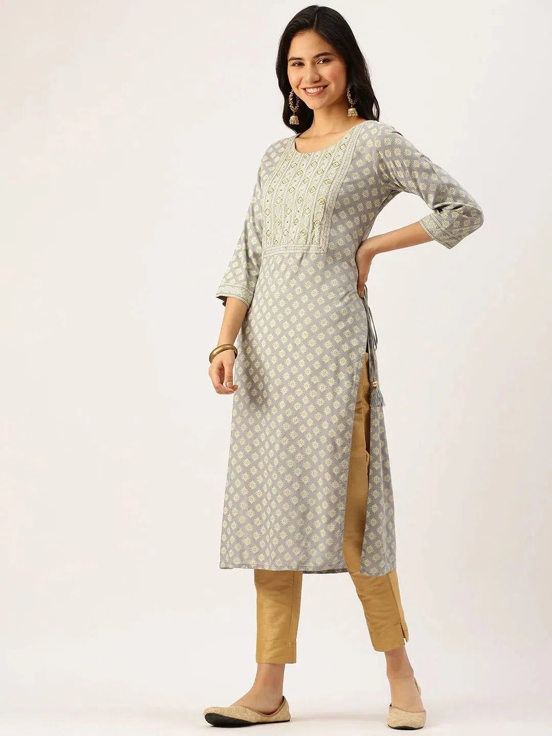 Grey Printed Cotton Indian Kurta for Ladies | DesiQlo Fashion