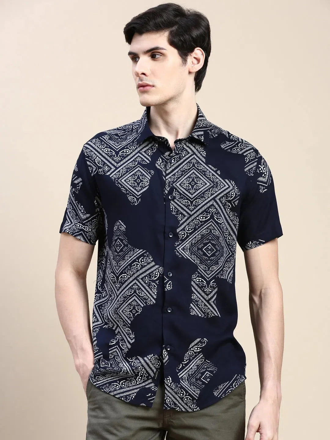Men's Navy Printed Cotton Shirt - Stylish Casual Mens Shirt