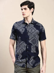 Men Navy Printed Casual Shirt-GEORGE-1619-Navyblue