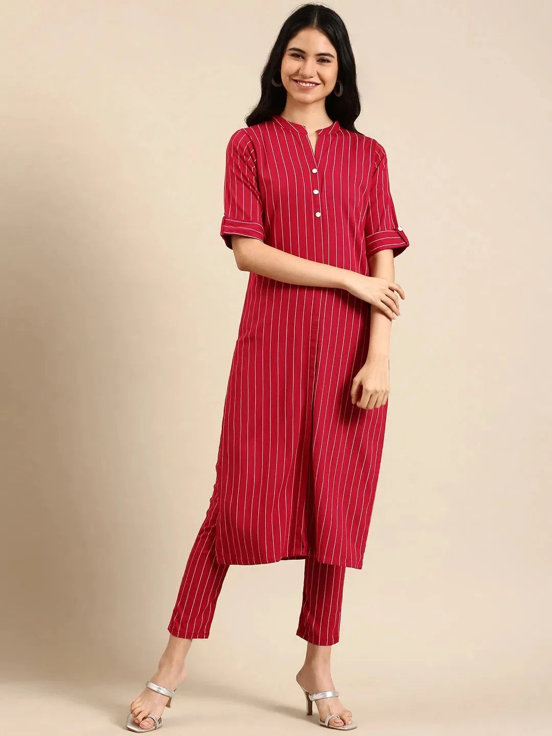 Magenta Striped Kurta Set | Cotton Indian Women's Kurta Sets