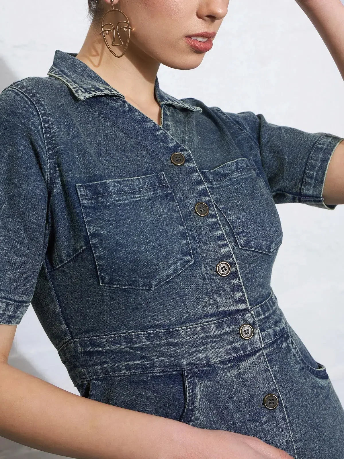 Denim Front Button Mini Dress - Women's Blue Blast Dress