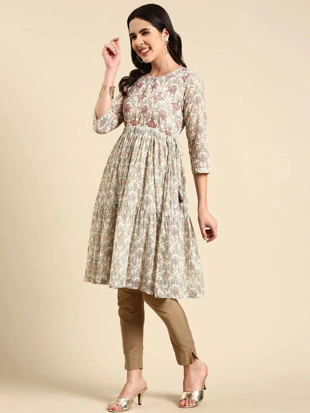 Cream Printed Cotton Anarkali Kurta - DesiQlo Anarkali Kurti