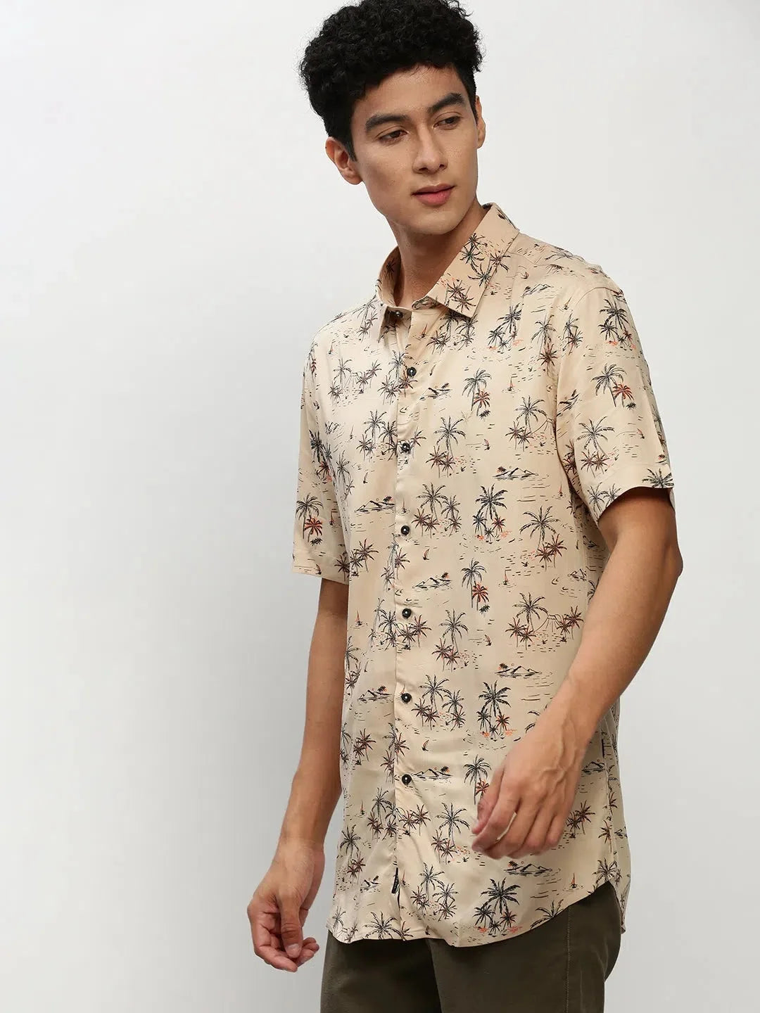 Beige Floral Cotton Shirt | Mens Casual Printed Shirt DesiQlo