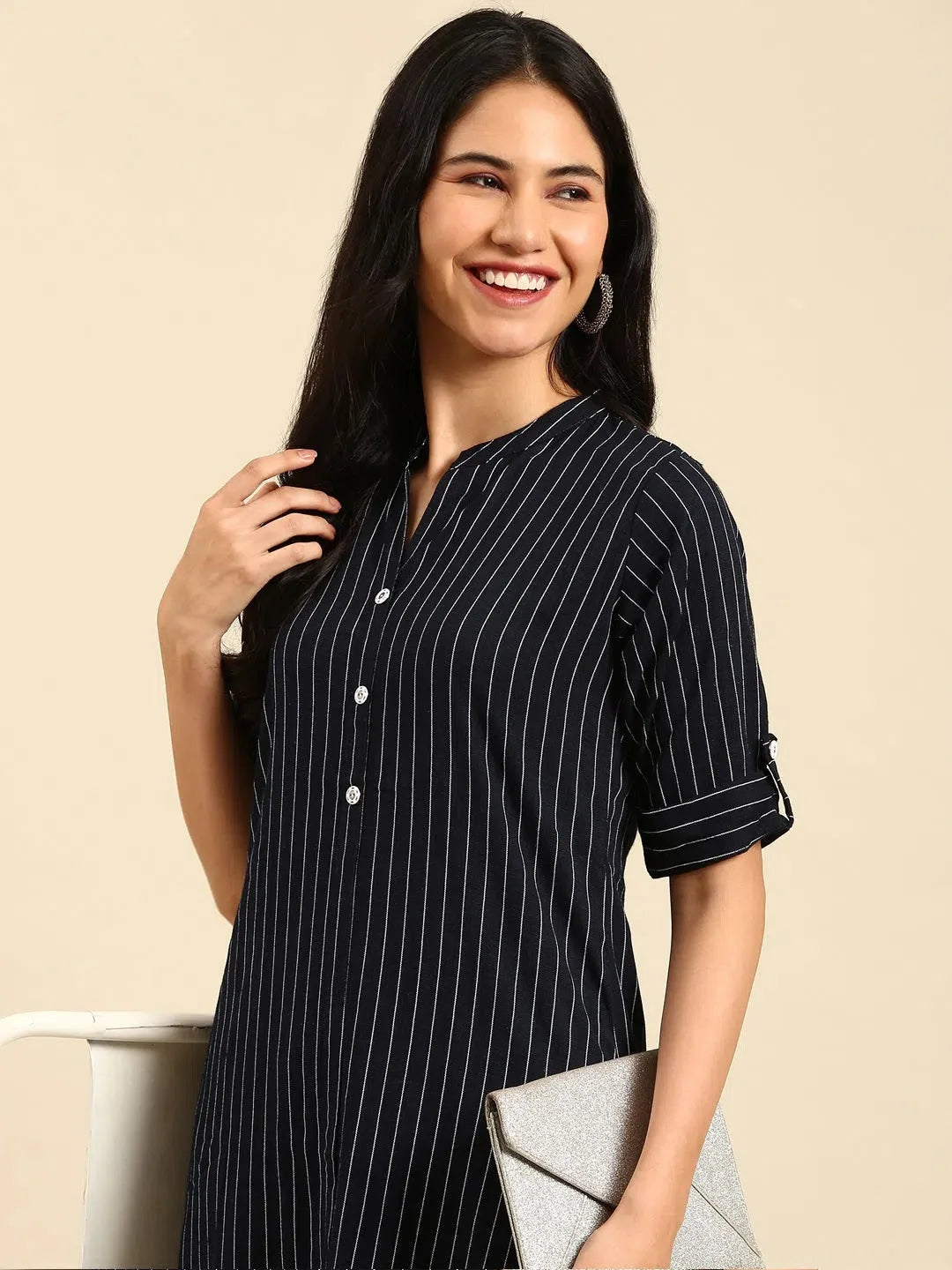Navy Striped Viscose Kurta Set | Indian Women's Kurta Sets