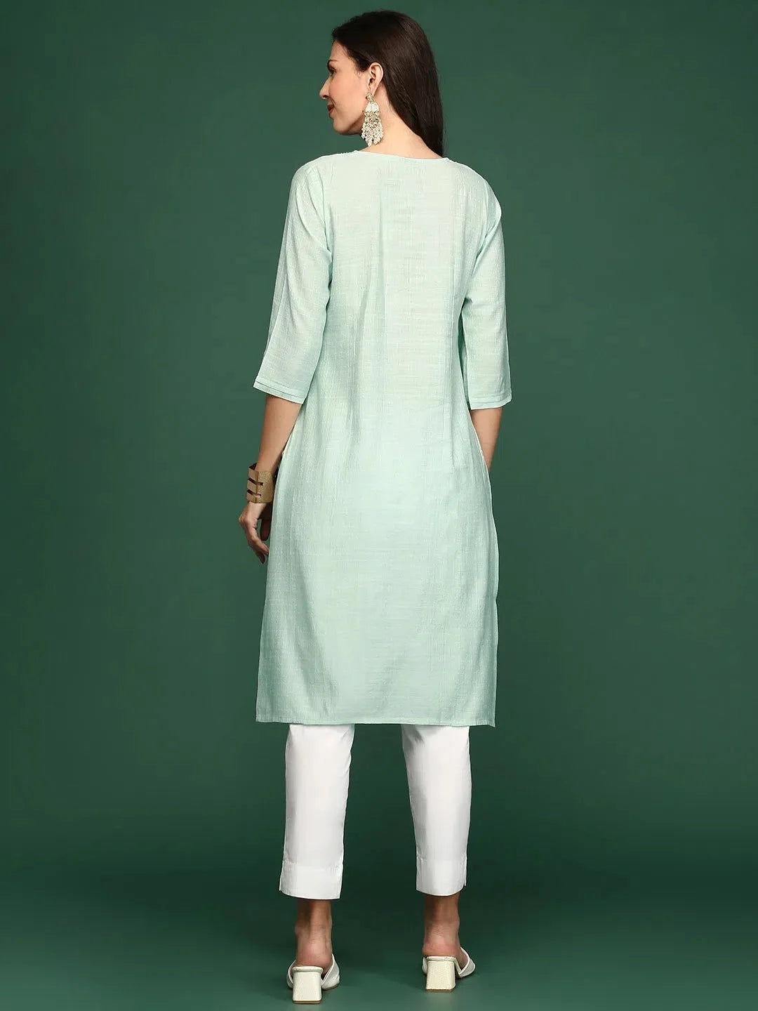 Green Embellished Cotton Indian Kurta for Women | DesiQlo