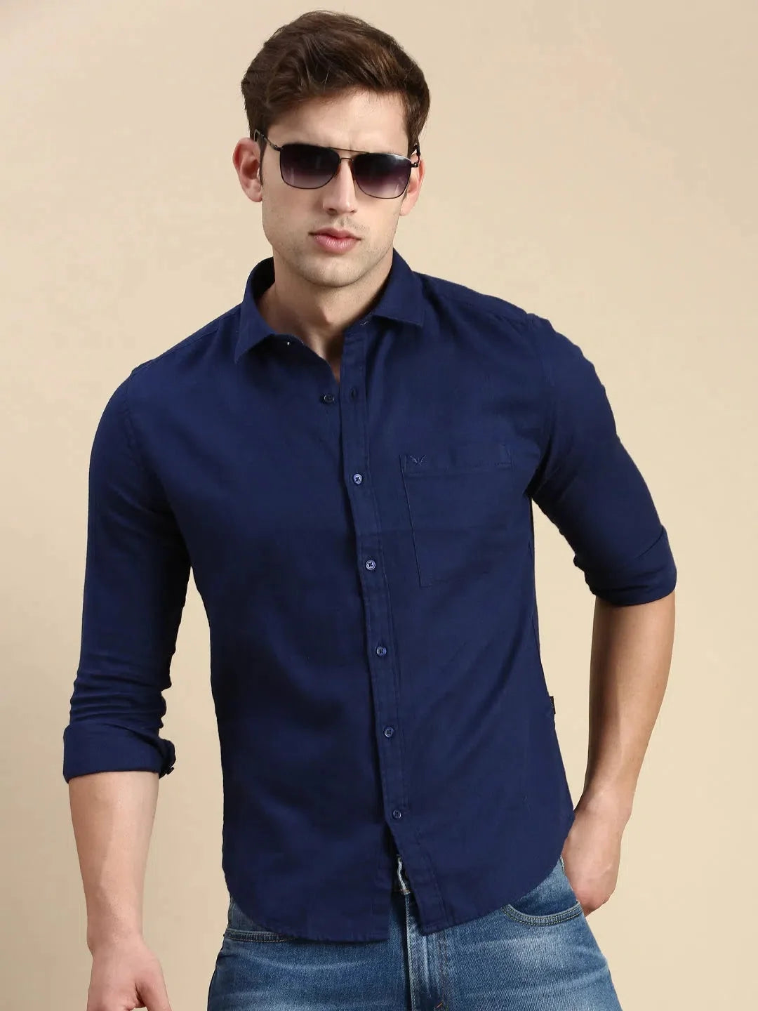 Men Navy Solid Casual Shirt-ALONZOPLAIN-5247-Navyblue