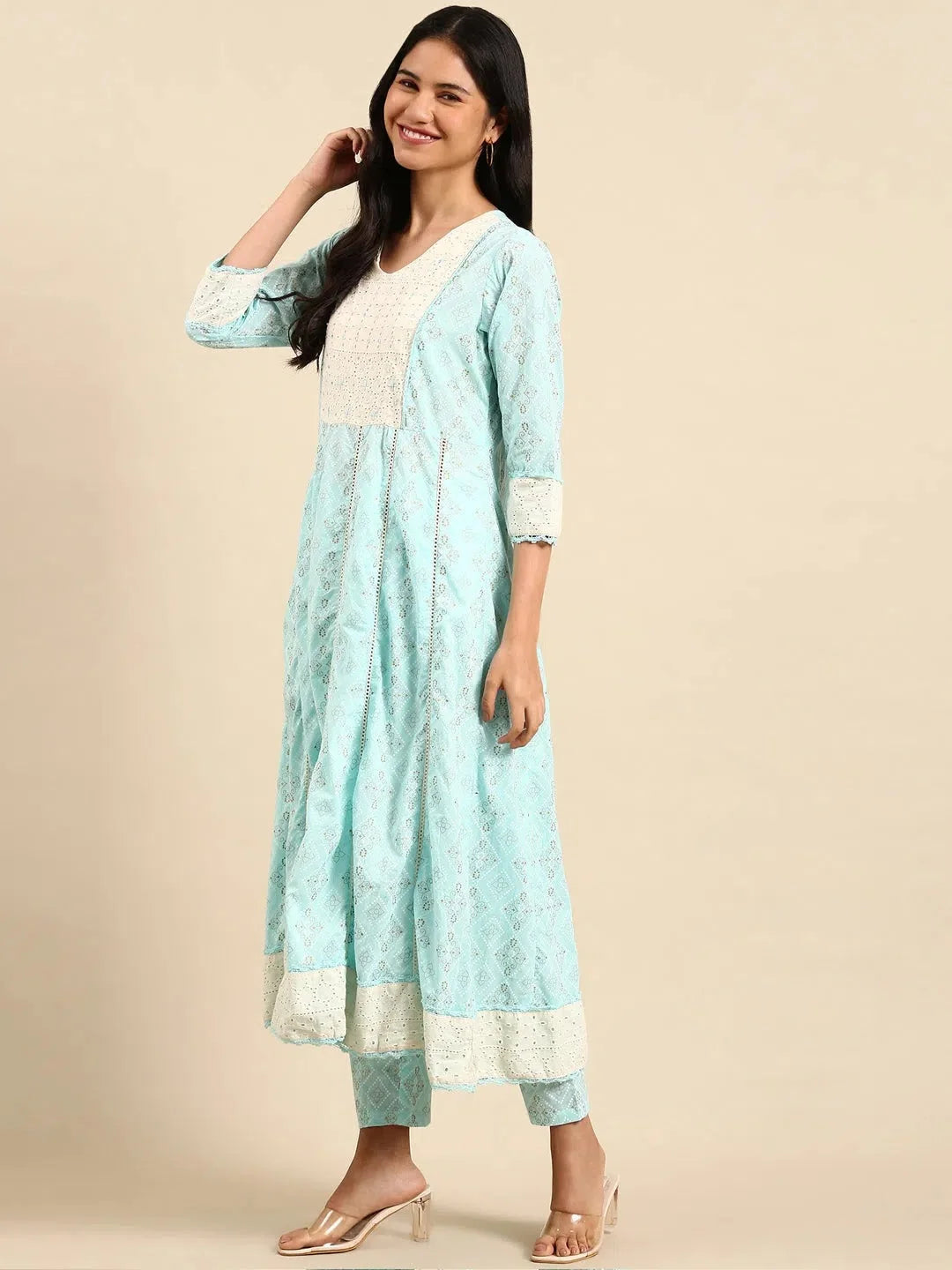 Blue Printed Cotton Women's Kurta Set | Bandhini Design