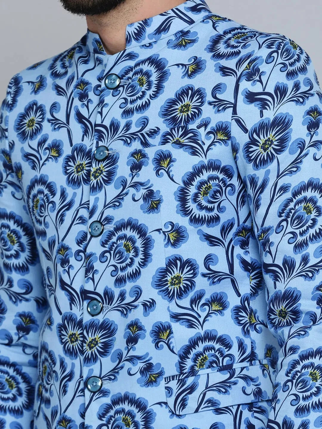 Blue Printed Nehru Jacket Wedding Blazer | DesiQlo