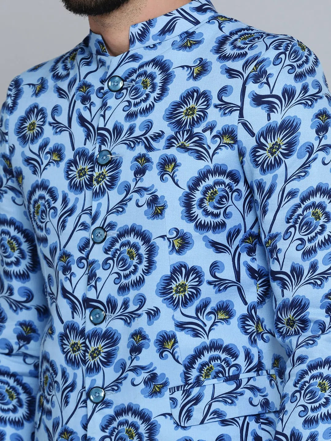 Blue Printed Nehru Jacket Wedding Blazer | DesiQlo