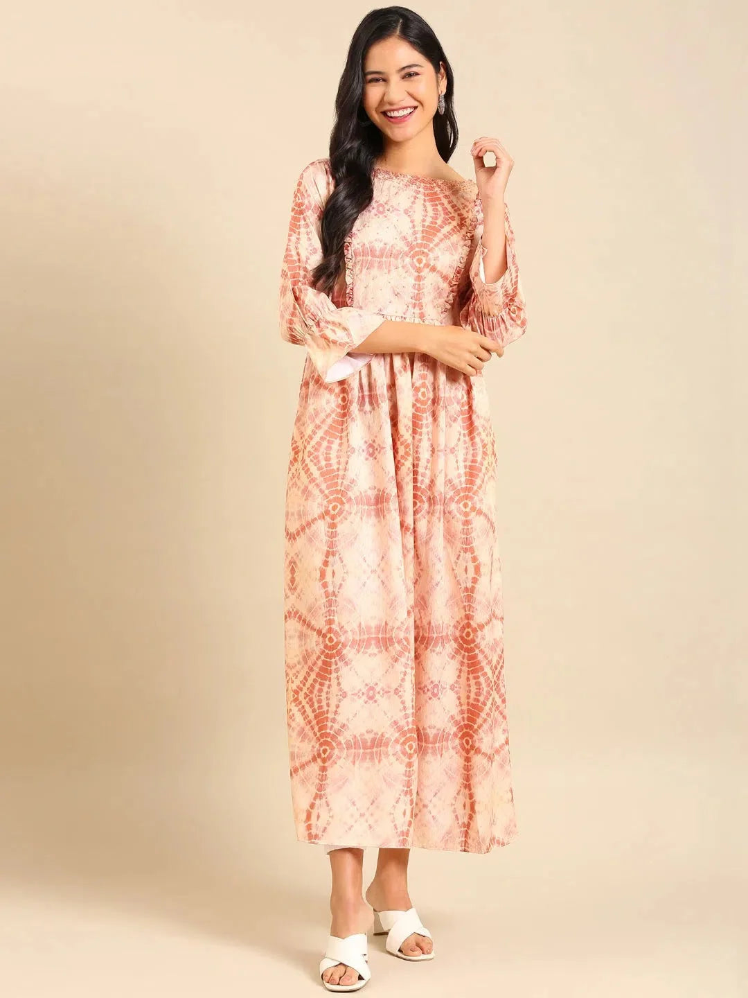 Beige Printed Anarkali Kurta | Polyester Anarkali Kurti - DesiQlo
