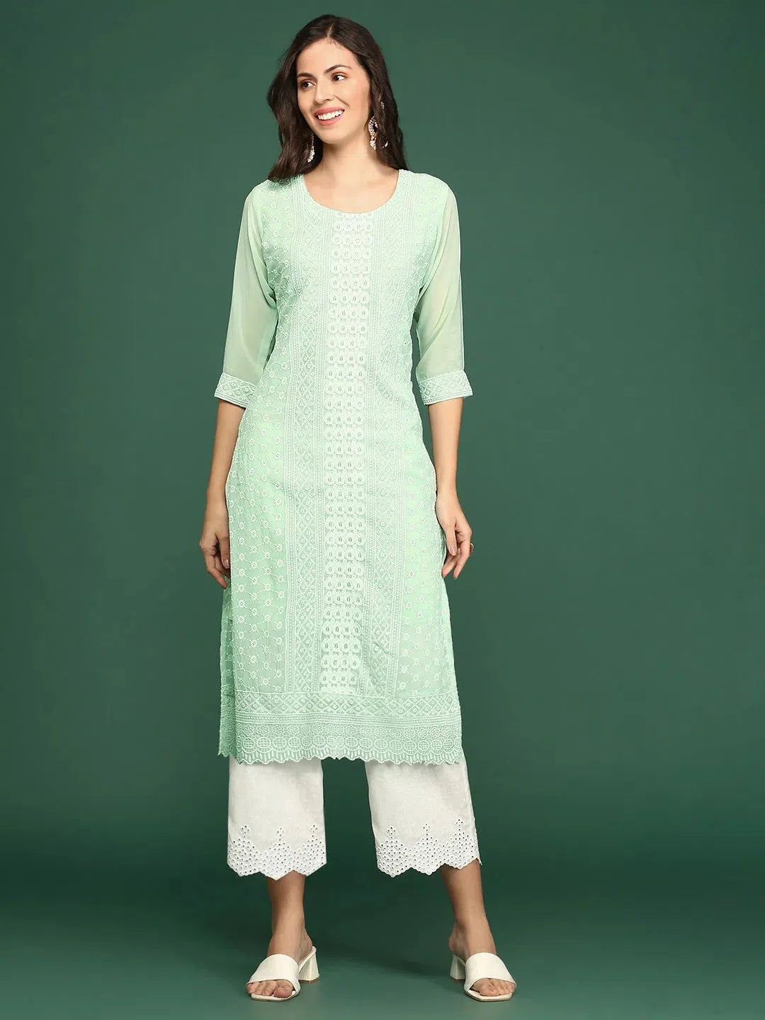Sea Green Embellished Polyester Indian Kurta for Women