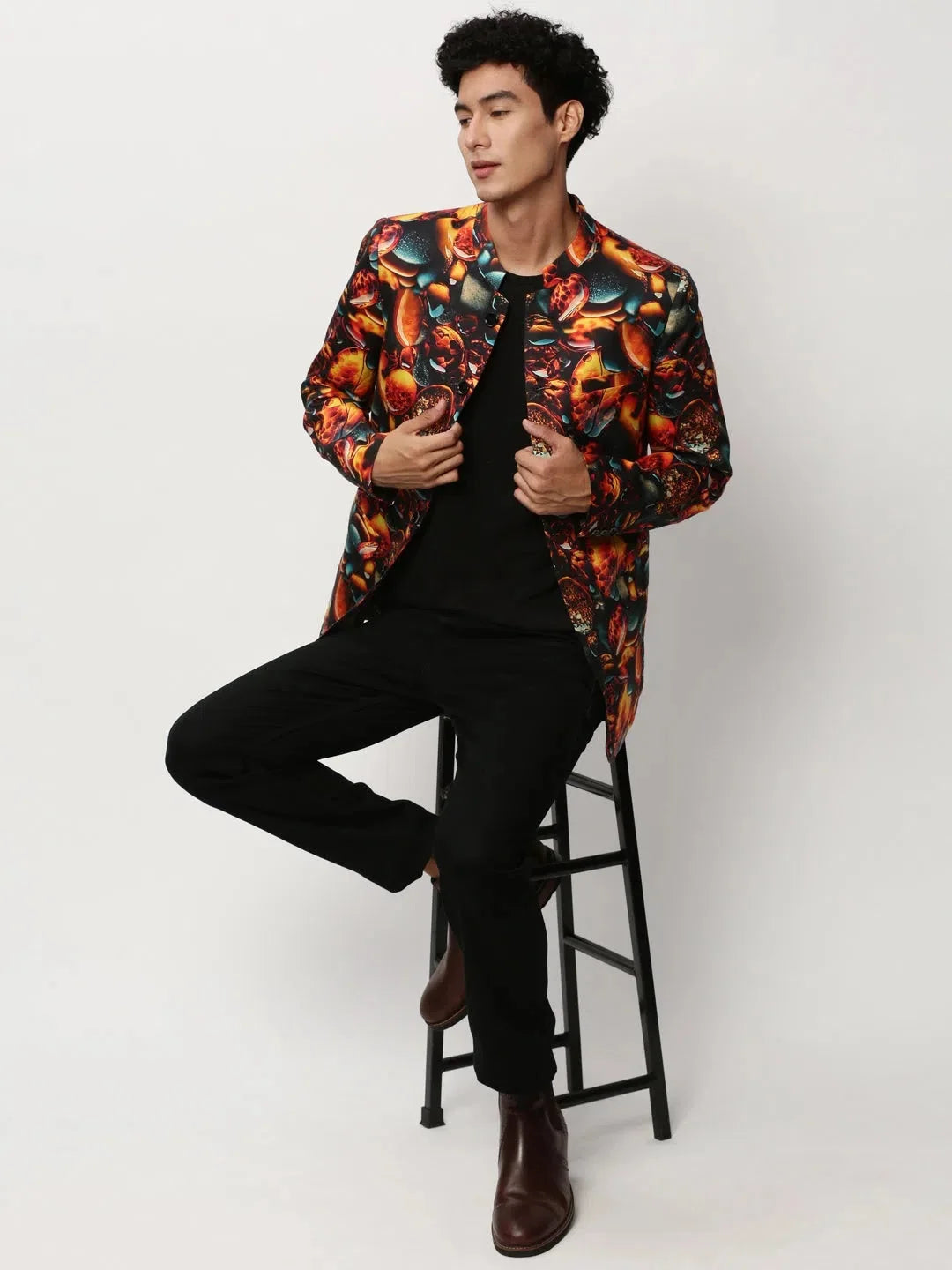Orange Printed Casual Blazer | Men's Ethnic Nehru Jacket