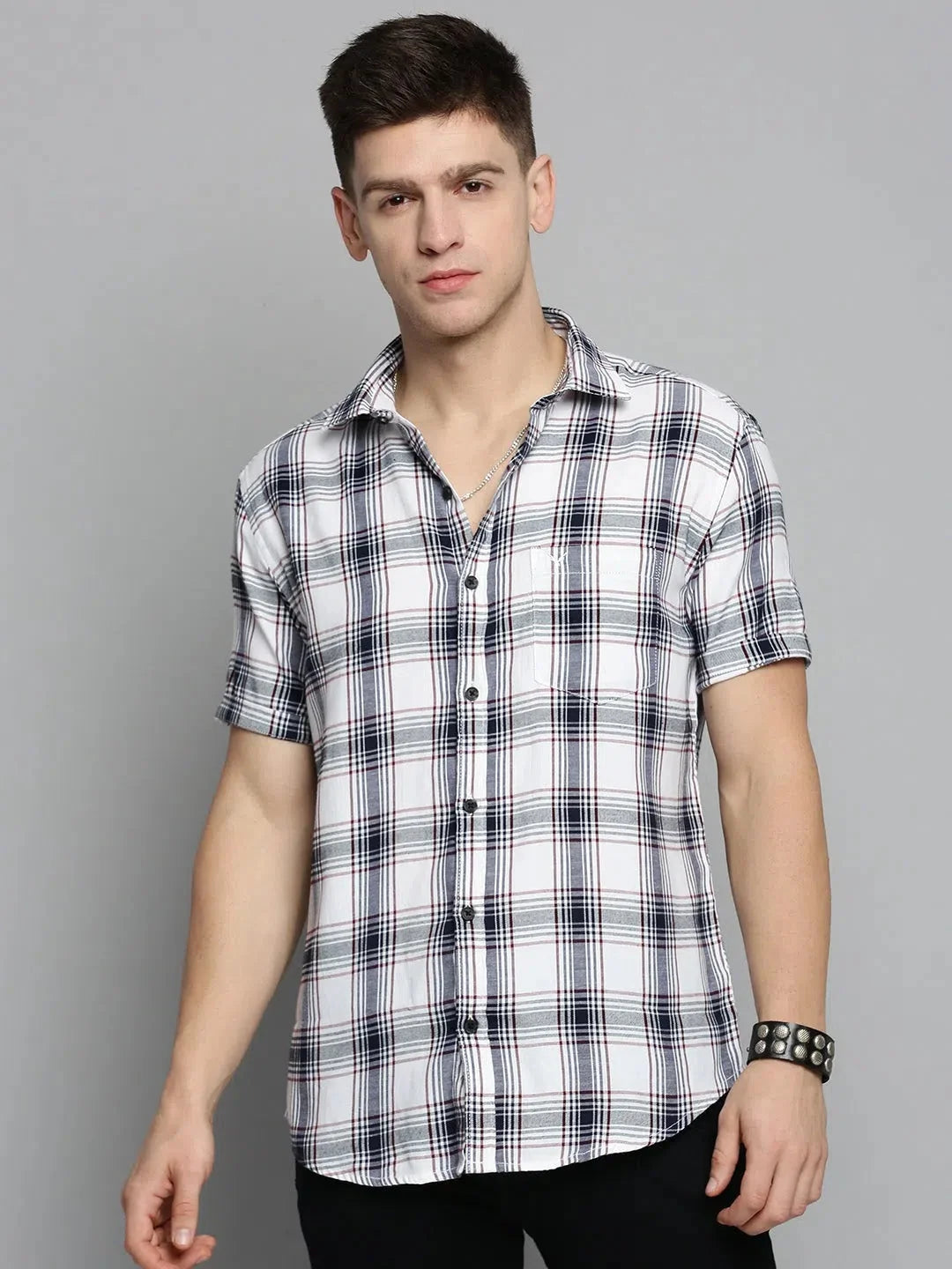 Mens Shirt White Checked Casual Cotton Shirt | DesiQlo