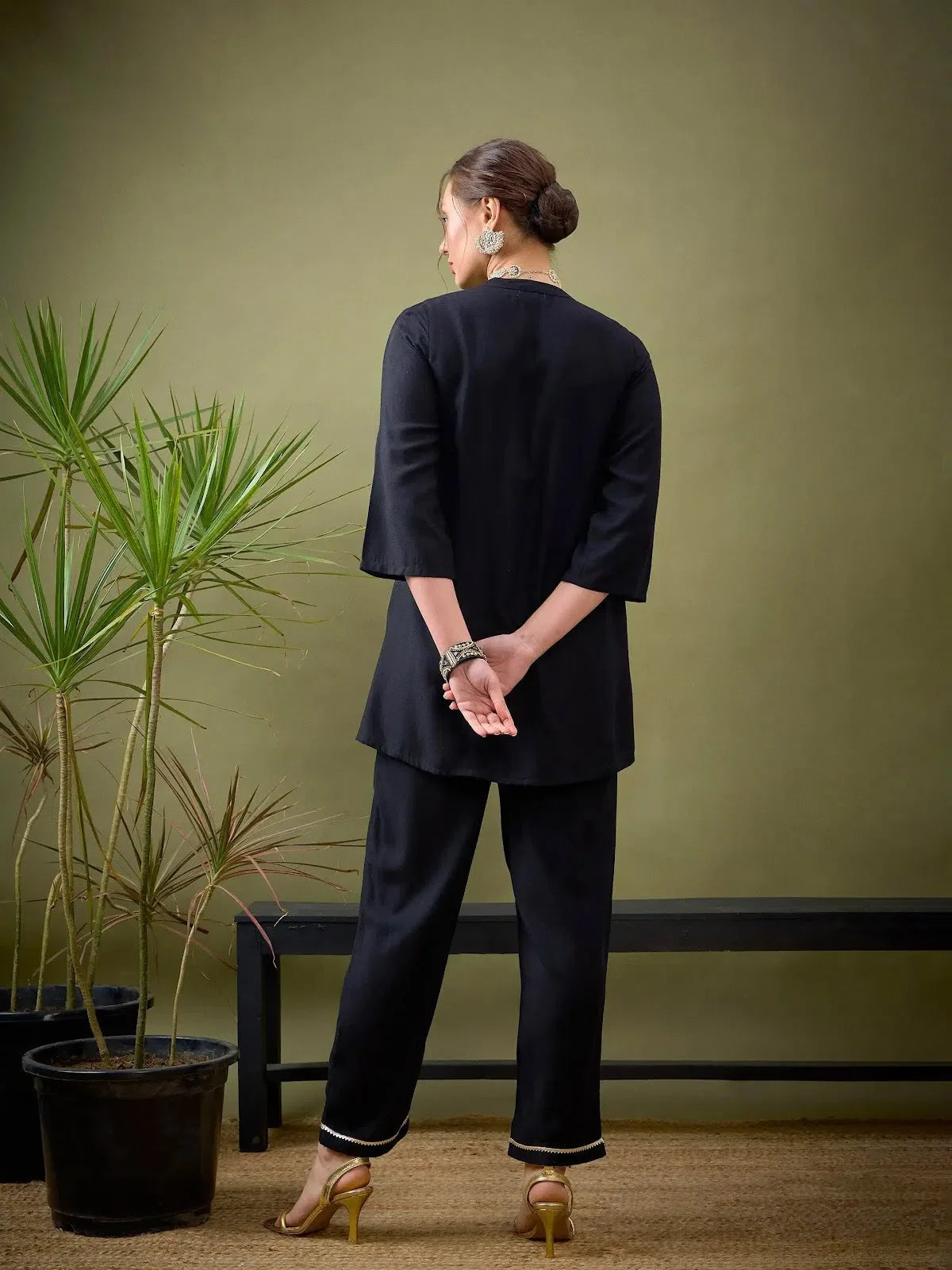 Black Embroidered L-Shape Shirt & Palazzos - Indian Suits Set