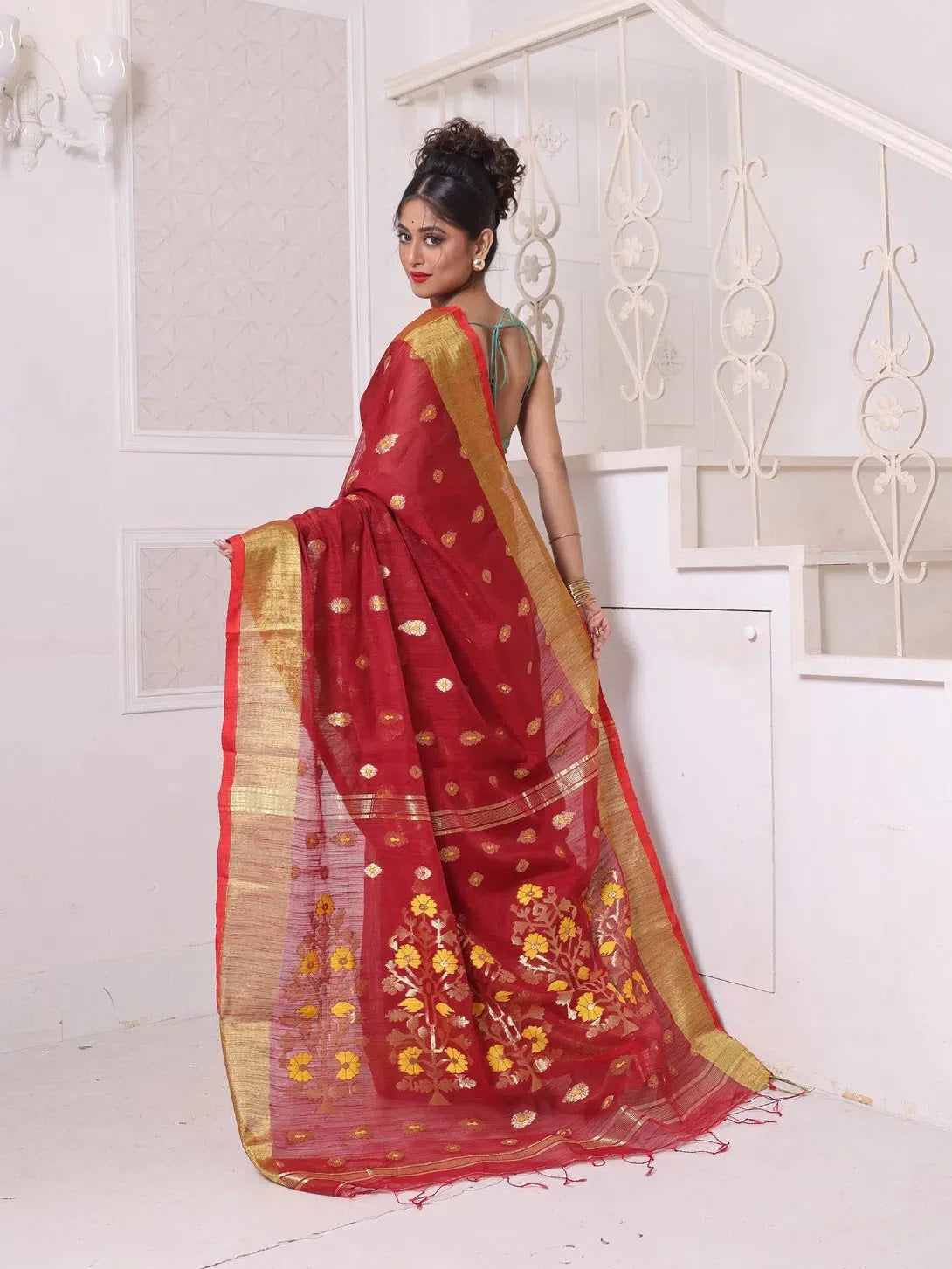 Maroon Cotton Indian Sari with Zari Border