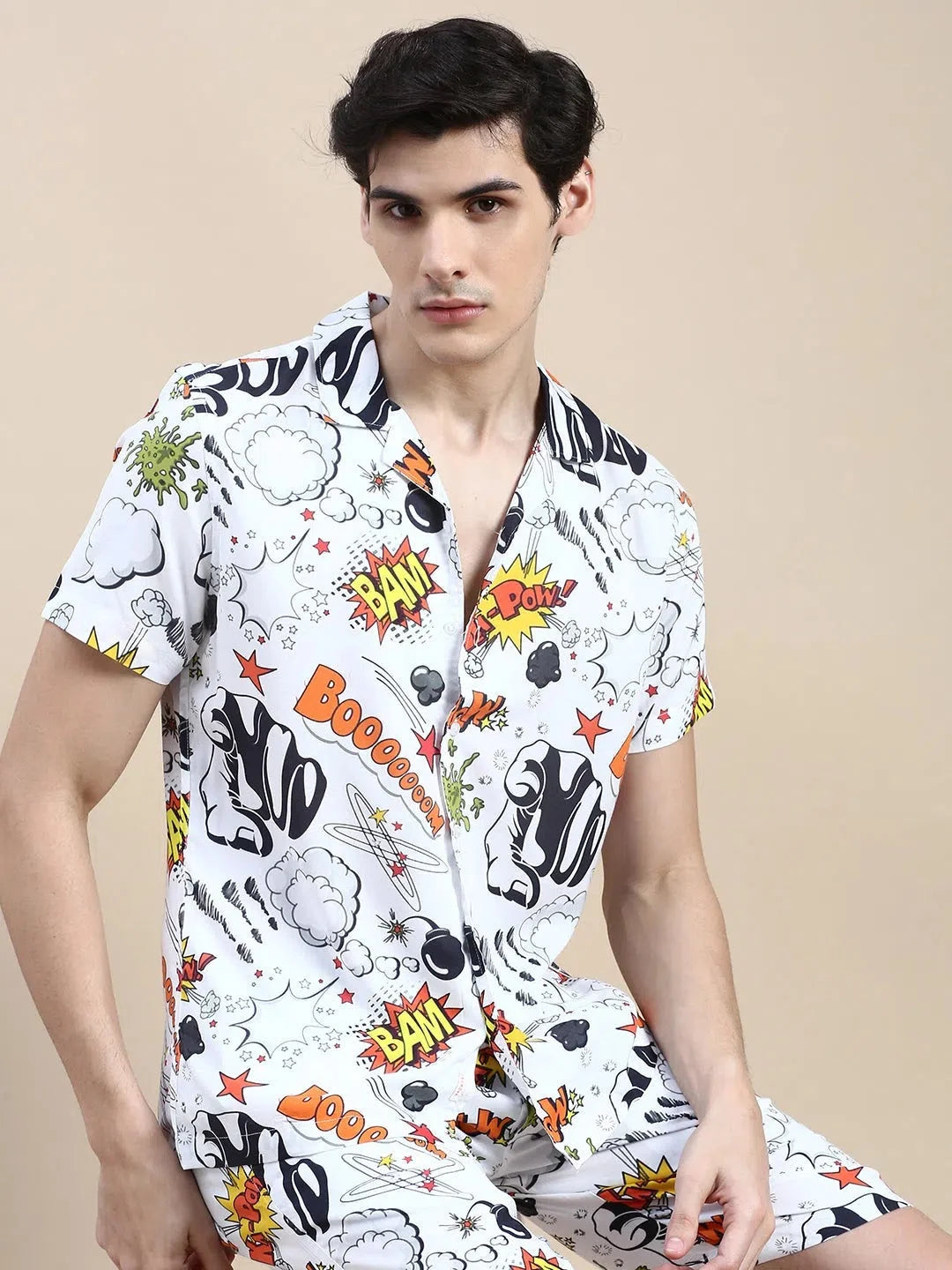 White Printed Mens Two Piece Sets - Casual Co ord Set