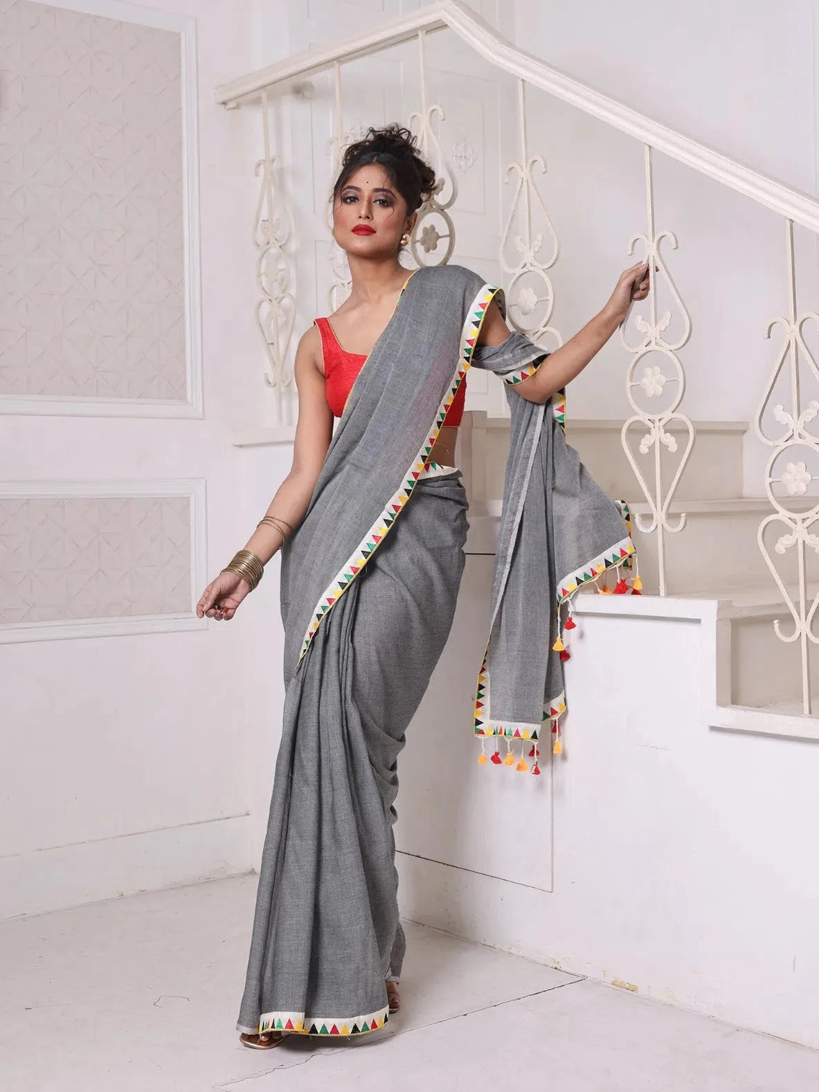 Grey Cotton Saree with Patch Border | Designer Sarees India