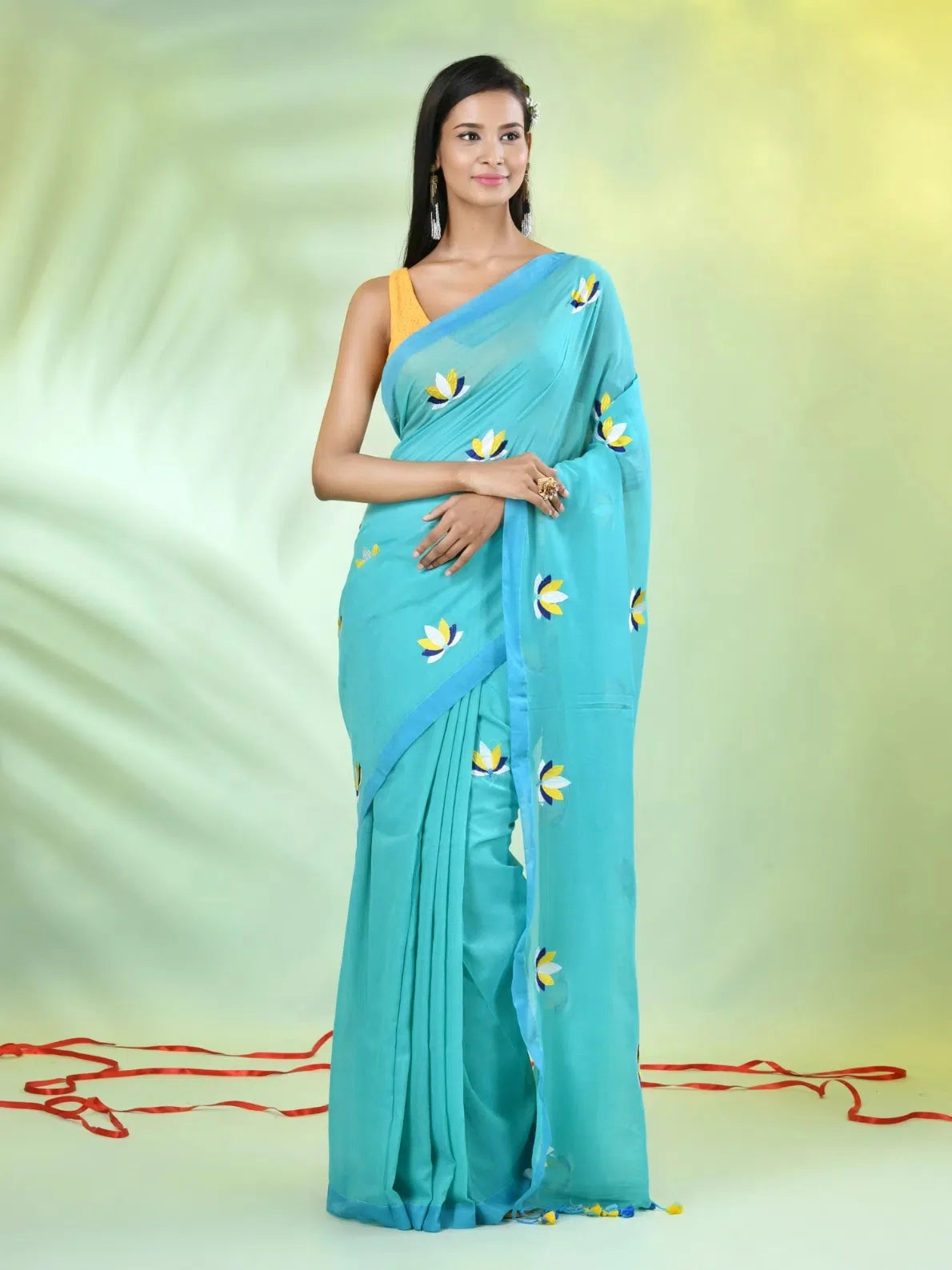 Sea Green Embroidered Cotton Saree | Indian Sarees