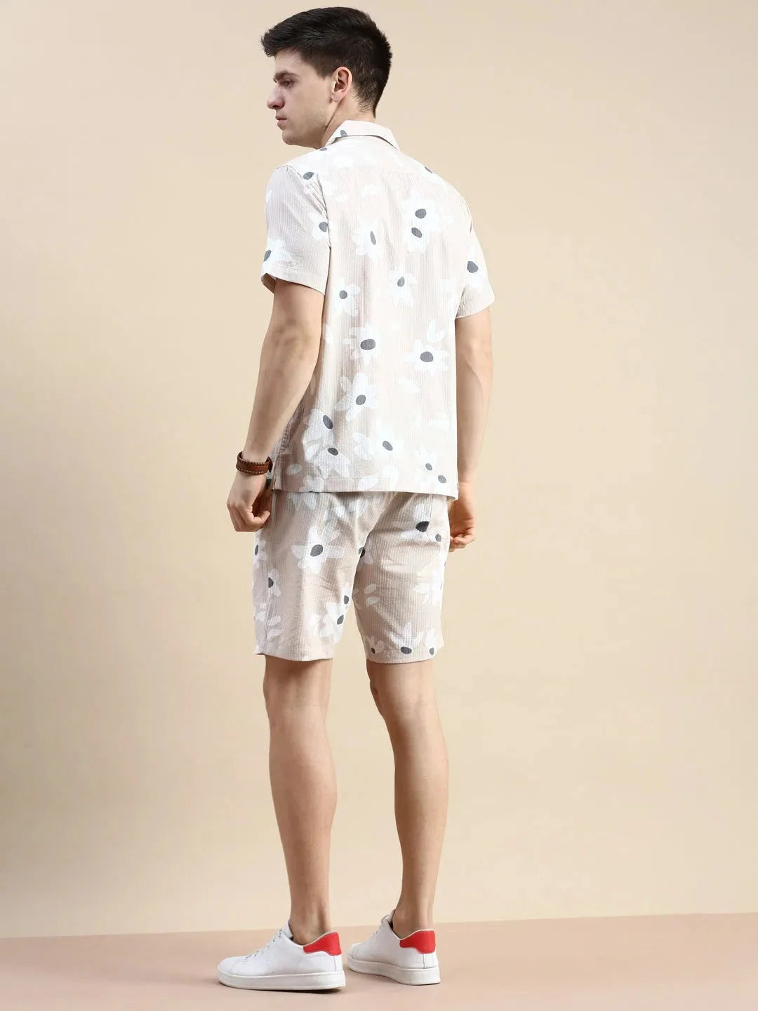 Mens Beige Printed Casual Co ord Set - Cotton Two Piece Sets