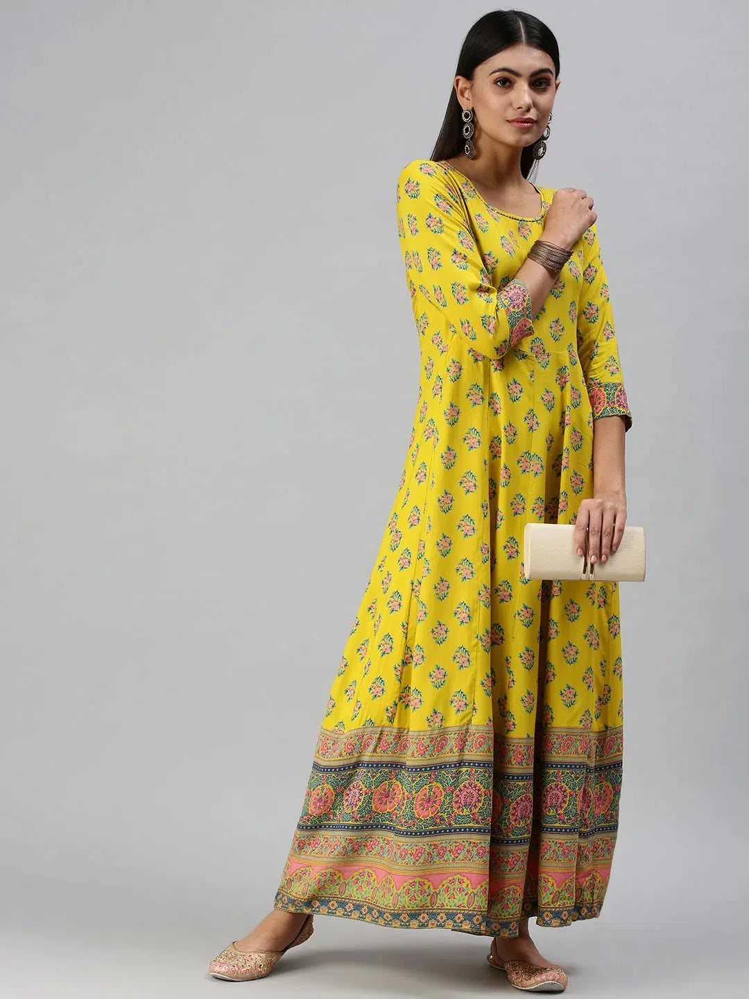 Yellow Printed Anarkali Kurti | Women's Cotton Anarkali Dress