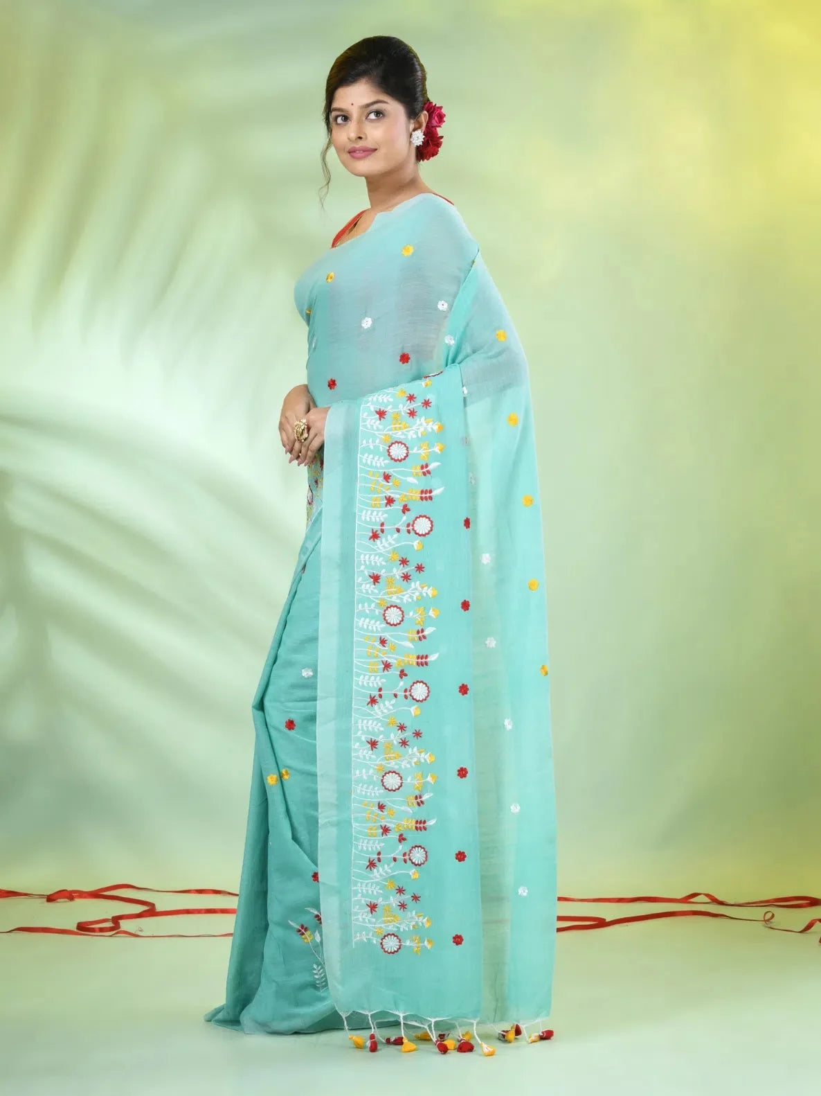 Sea Green Cotton Saree: Floral Embroidery | Indian Sarees