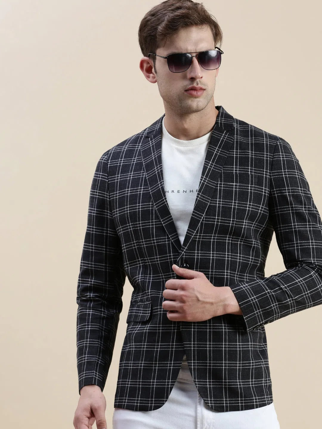 Men Black Checked Notched Lapel Blazer-SOBLZ-31-3-Black