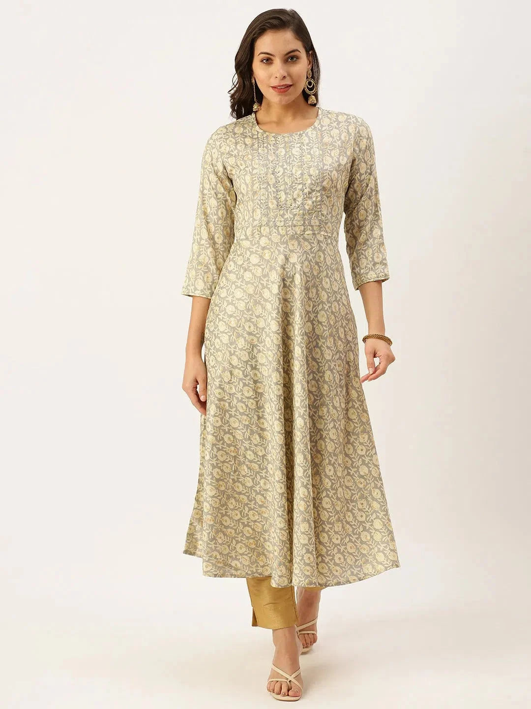 Grey Printed A-Line Kurtas for Women - Indian Kurta Online