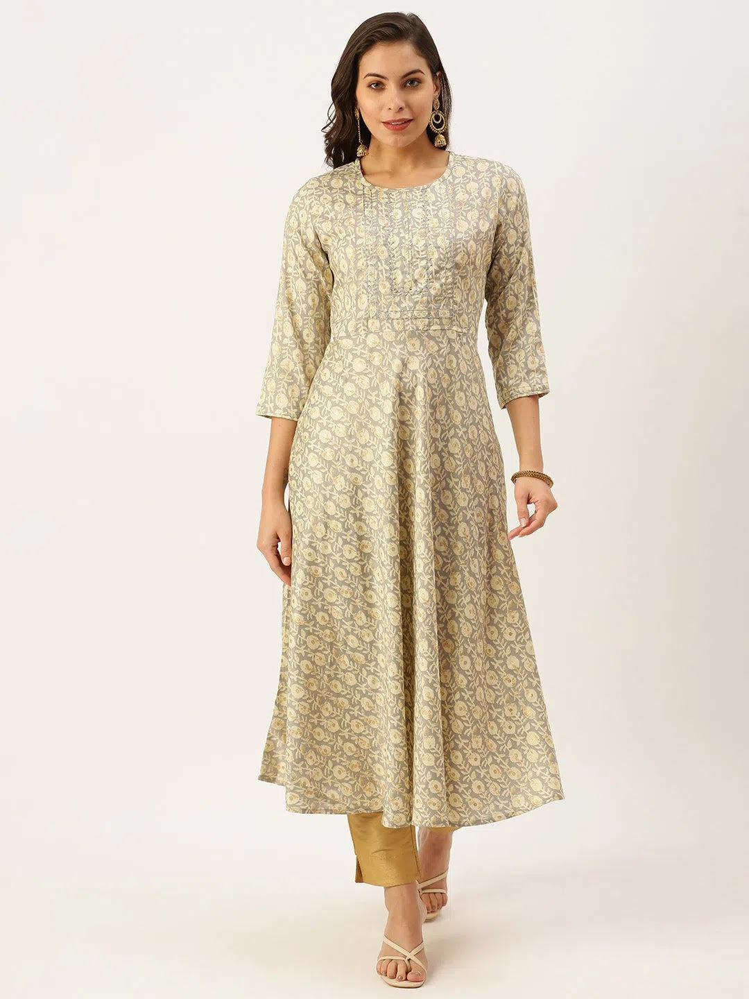Grey Printed A-Line Kurtas for Women - Indian Kurta Online