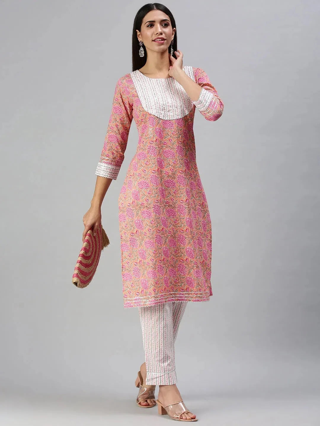 Peach Floral Cotton Kurta Set | Women's Designer Kurta Sets