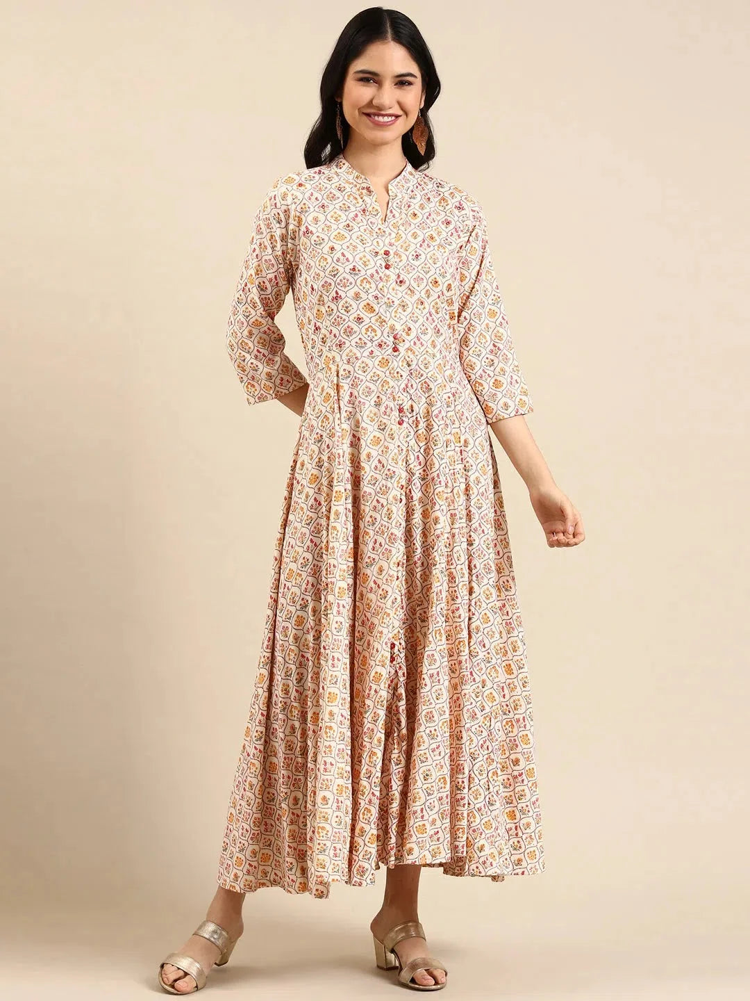 Cream Printed Anarkali Kurta - Women's Cotton Anarkali Kurti